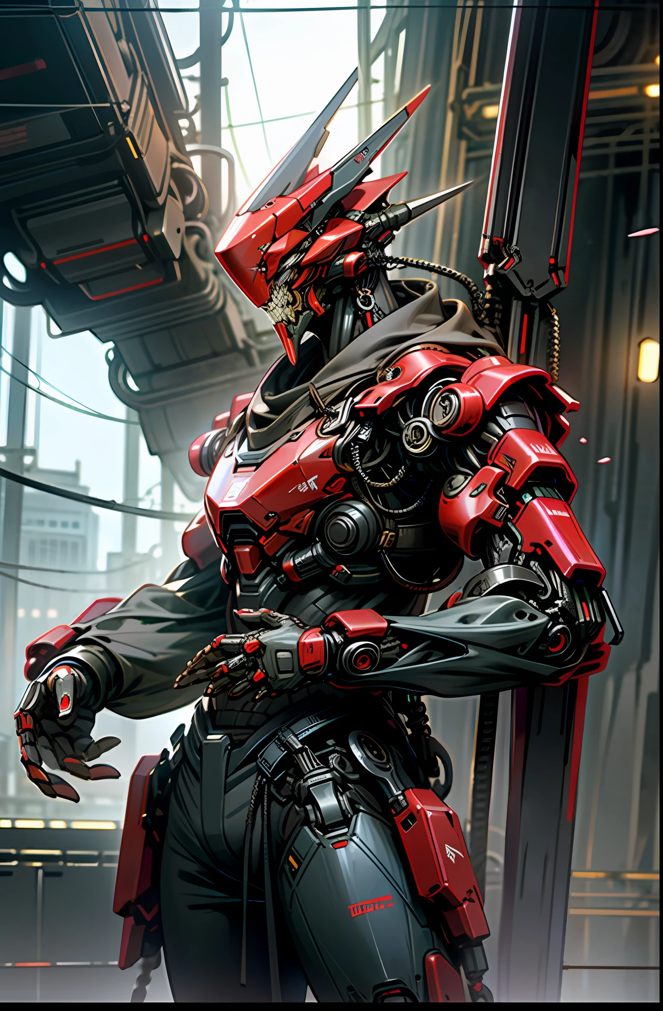 Dark_Fantasy,Cyberpunk,(chain weapon, chain man,Red:1.1),1man,Mechanical,Robotic presence,Cybernetic guardian, dessert background