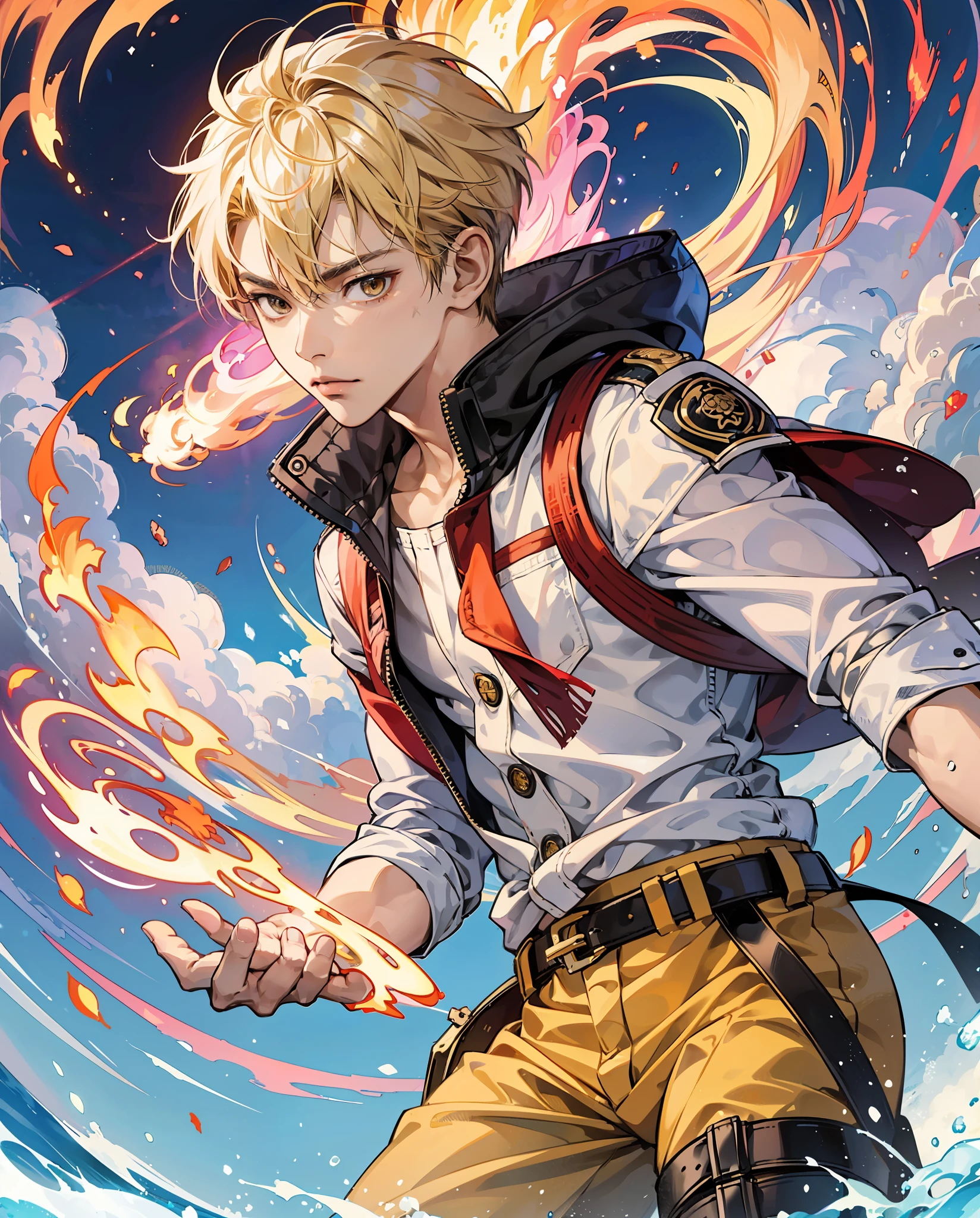 Takai, a 17-year-old teenage boy, has a striking and endearing appearance. His blonde hair, identical to the hair of One Piece's character Ace, falls into rebellious locks around his face, giving him a cool and adventurous air. His yellow eyes are expressive and radiate curiosity and determination.

Dressed in an impeccably white Japanese uniform, closed in front with golden buttons, Takai conveys an aura of purity and discipline. The costume is totally simple and with few colors and highlights his confident posture. Completing his look, he wears a black cargo shorts, which reach his knees, providing him with mobility and practicality in his adventures.

However, Takai's most notable aspect is the pinkish orange fire emanating from his hands. This pink-hued fire is vibrant and warm, representing its powerful bond with the energy of fire. He masterfully masters and controls this flame, revealing his deep connection to this primordial element.

As he floats in the pink sky, Takai keeps a fixed and determined gaze. His eyes reflect his resolve and courage, indicating that he is ready to face challenges and stand up for what he believes in. His haughty and confident posture evidences his intrepid spirit and his willingness to face the unknown.

Captured in the anime style, Takai's image underscores his vibrant personality and heroic nature. He personifies the combination of youth, determination and a fiery power, making him an unforgettable and inspiring protagonist on his journey of adventures. Anime 2D style. --auto --s2