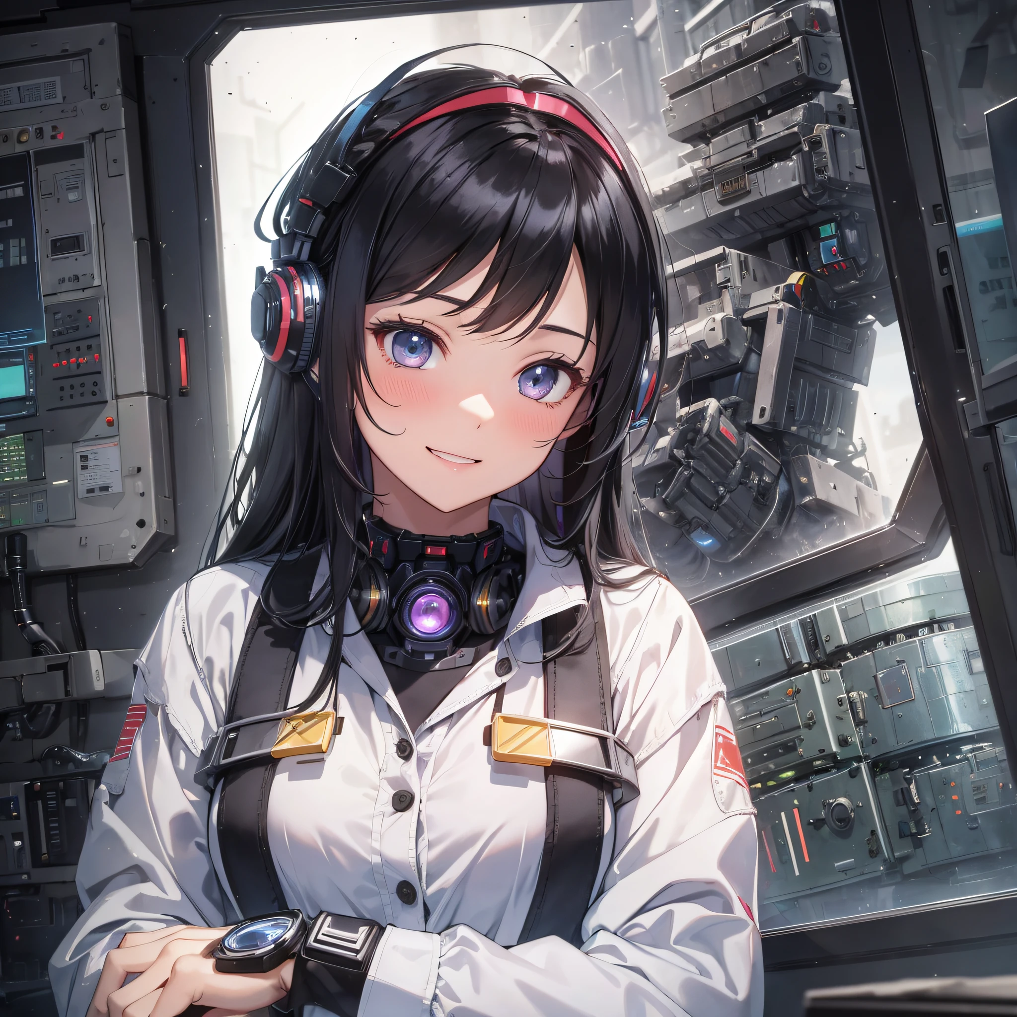 Absurd resolution, high resolution, (masterpiece: 1.4), hyper-detail, black-haired young woman dressed as a technician, blushing and excited expression, sitting in an extremely narrow mecha control room, looking out the window to see the sky, operation