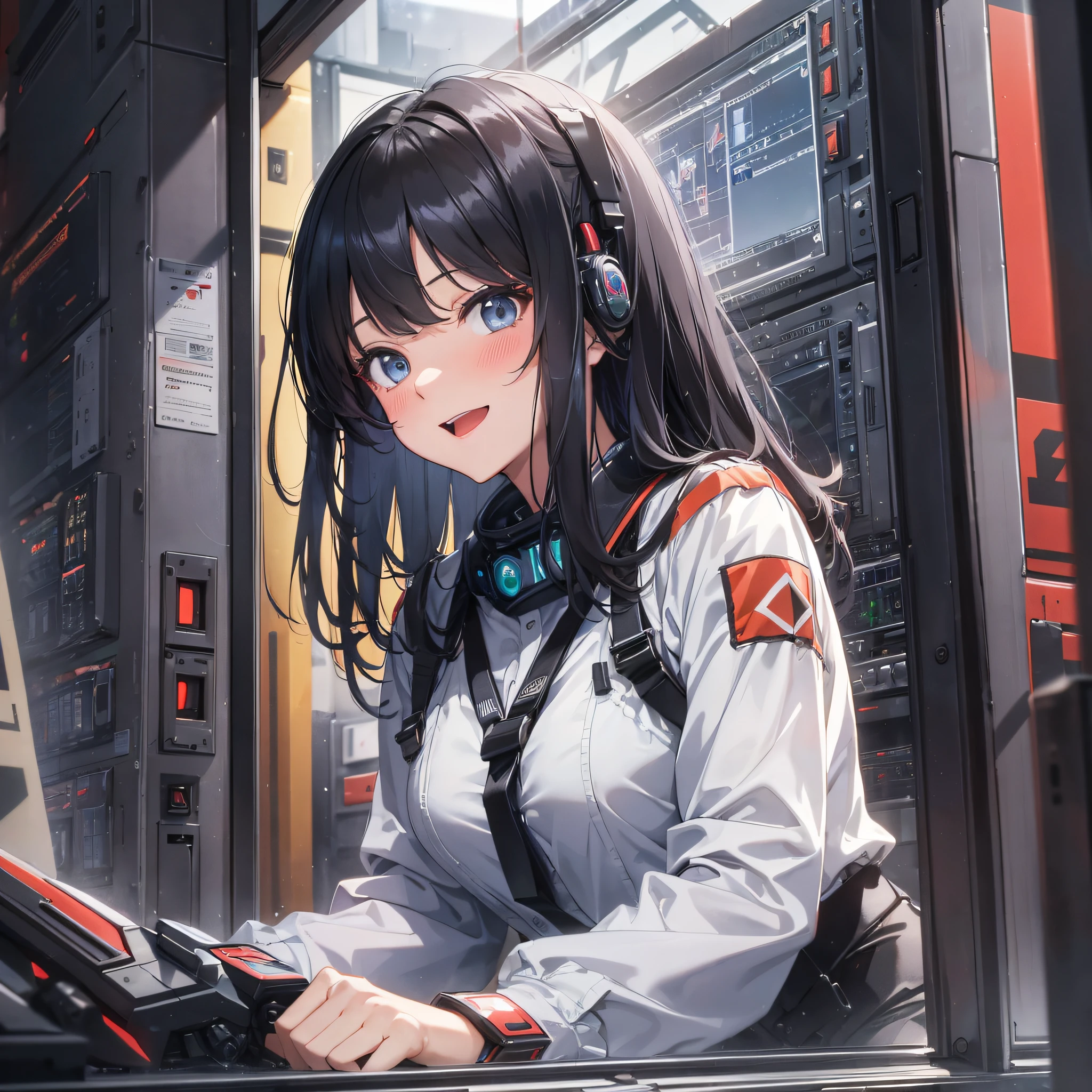 Absurd resolution, high resolution, (masterpiece: 1.4), hyper-detail, black-haired young woman dressed as a technician, blushing and excited expression, sitting in an extremely narrow mecha control room, looking out the window to see the sky, operation