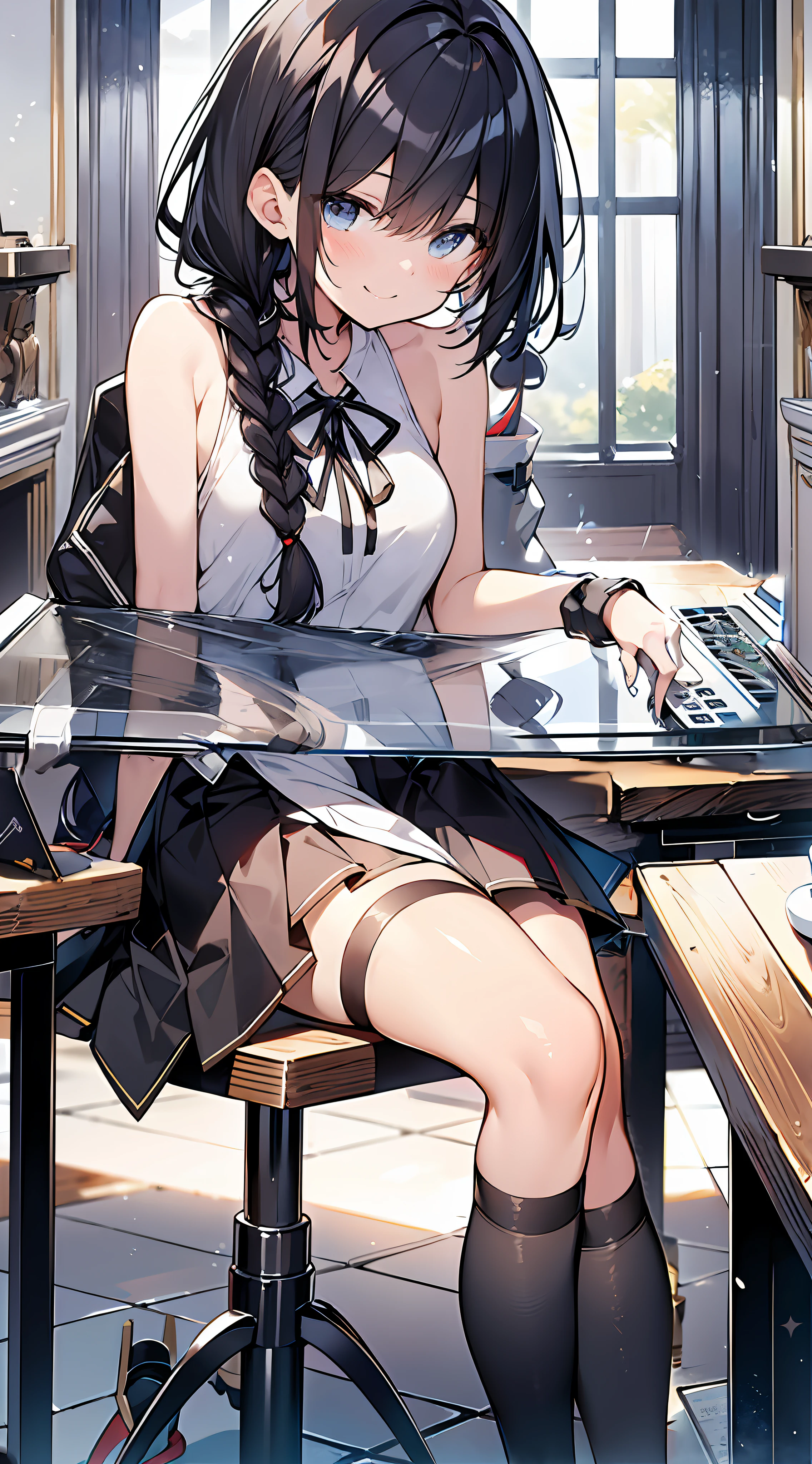 anime girl sitting at a table with a laptop computer, fine details. girls frontline, kantai collection style, from girls frontline, girls frontline style, girls frontline cg, artwork in the style of guweiz, azur lane style, guweiz, a hyperrealistic schoolgirl, girls frontline, from arknights, clean detailed anime art