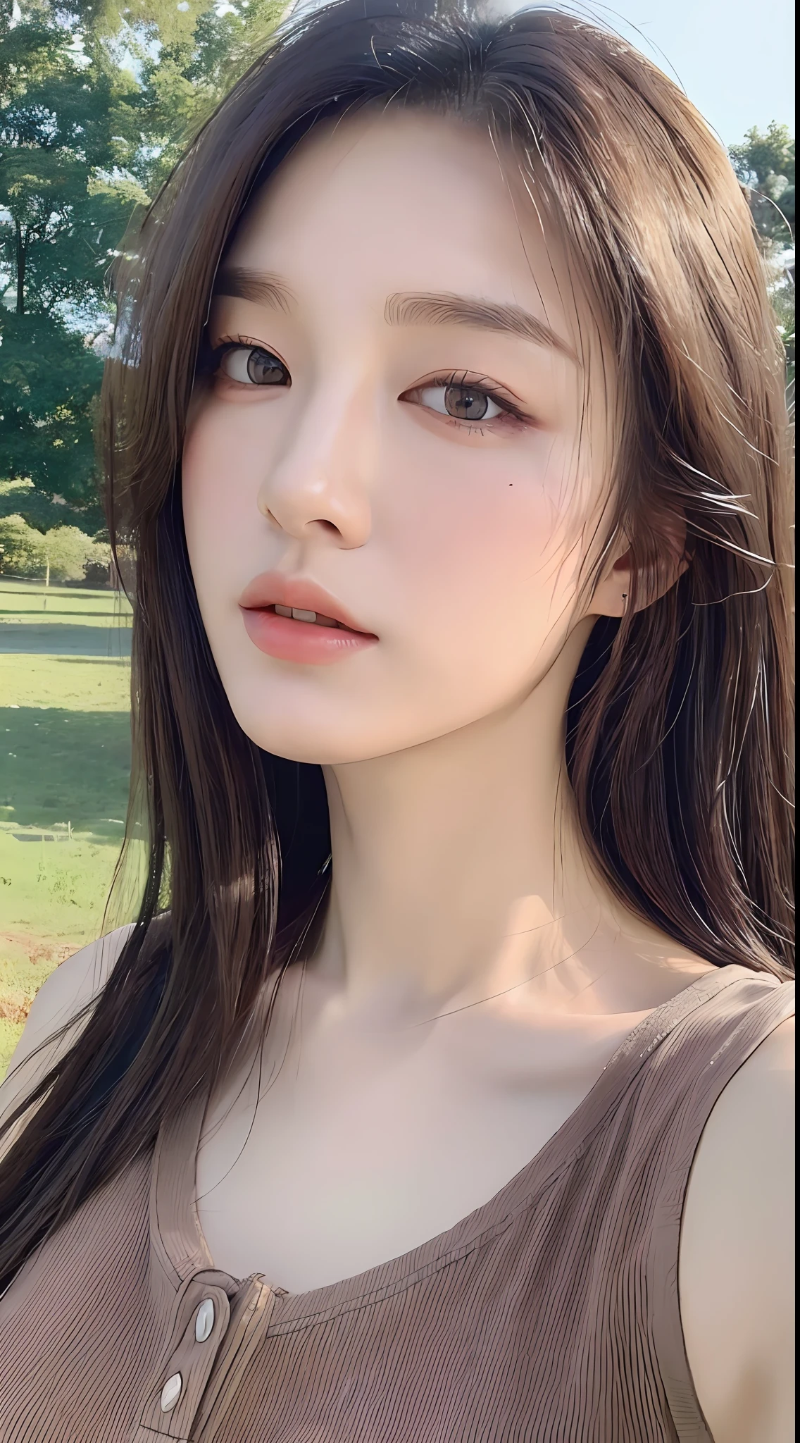 ((Best quality, 8k, Masterpiece :1.3)), sensual woman, 1girl, (firm body, slender figure :1.2), dark brown hair, (outdoor, henley shirt :1.1), ultra-detailed face, detailed lips, detailed eyes, double eyelid