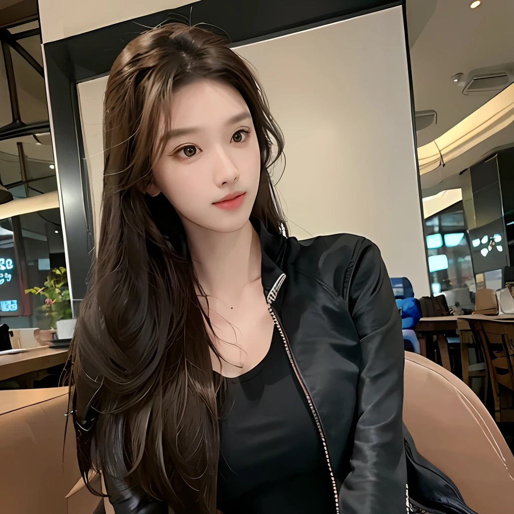 realistic, high resolution, 1 girl, long hair, korean,, tight black tanktop with a black jacket, short jeans, thighs, panties visible, big ass, sitting on a cafe chair, in a cafe