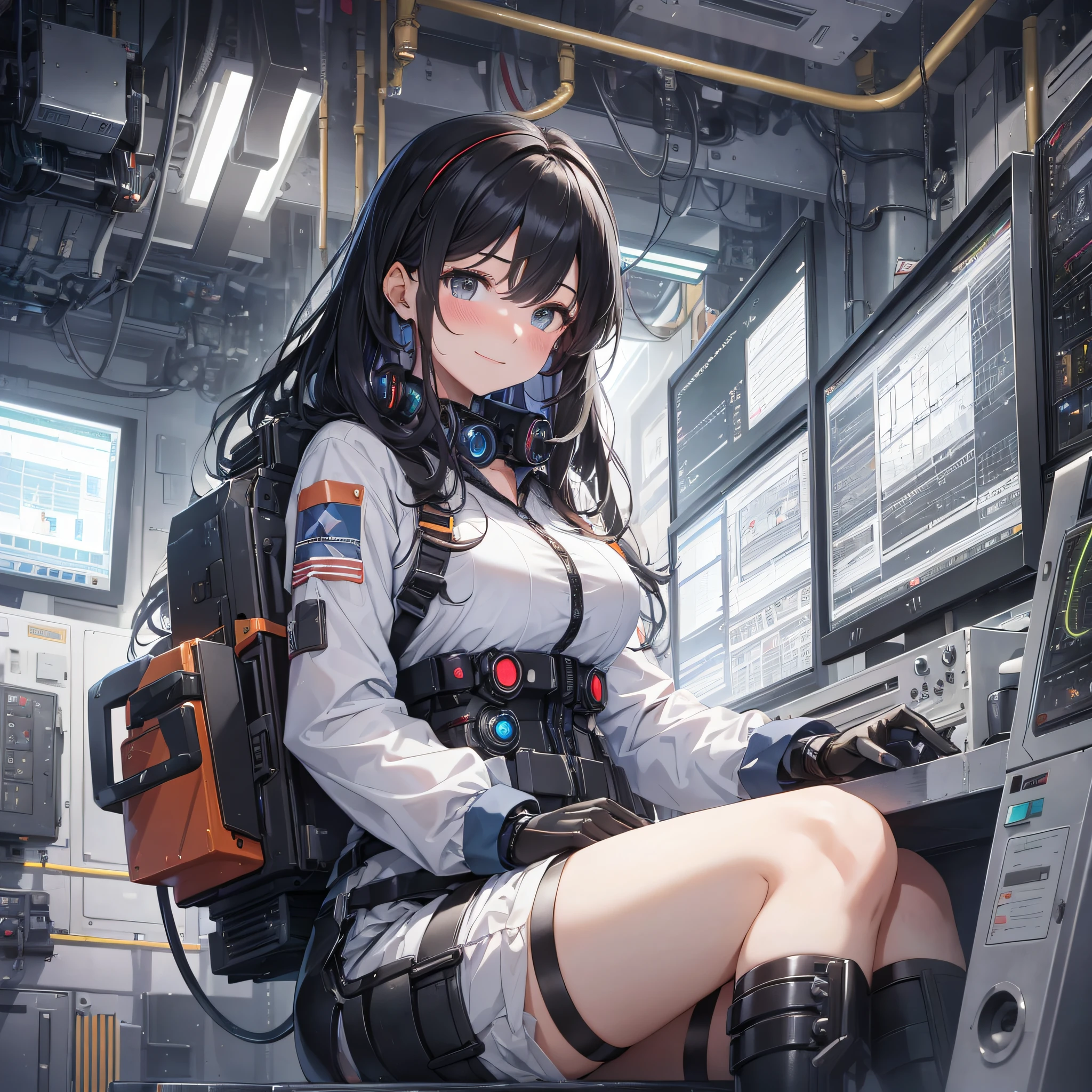 Absurd resolution, high resolution, (masterpiece: 1.4), hyper-detail, black-haired young woman dressed as a technician, blushing and excited expression, sitting in an extremely narrow mecha control room, looking out the window to see the sky, operation