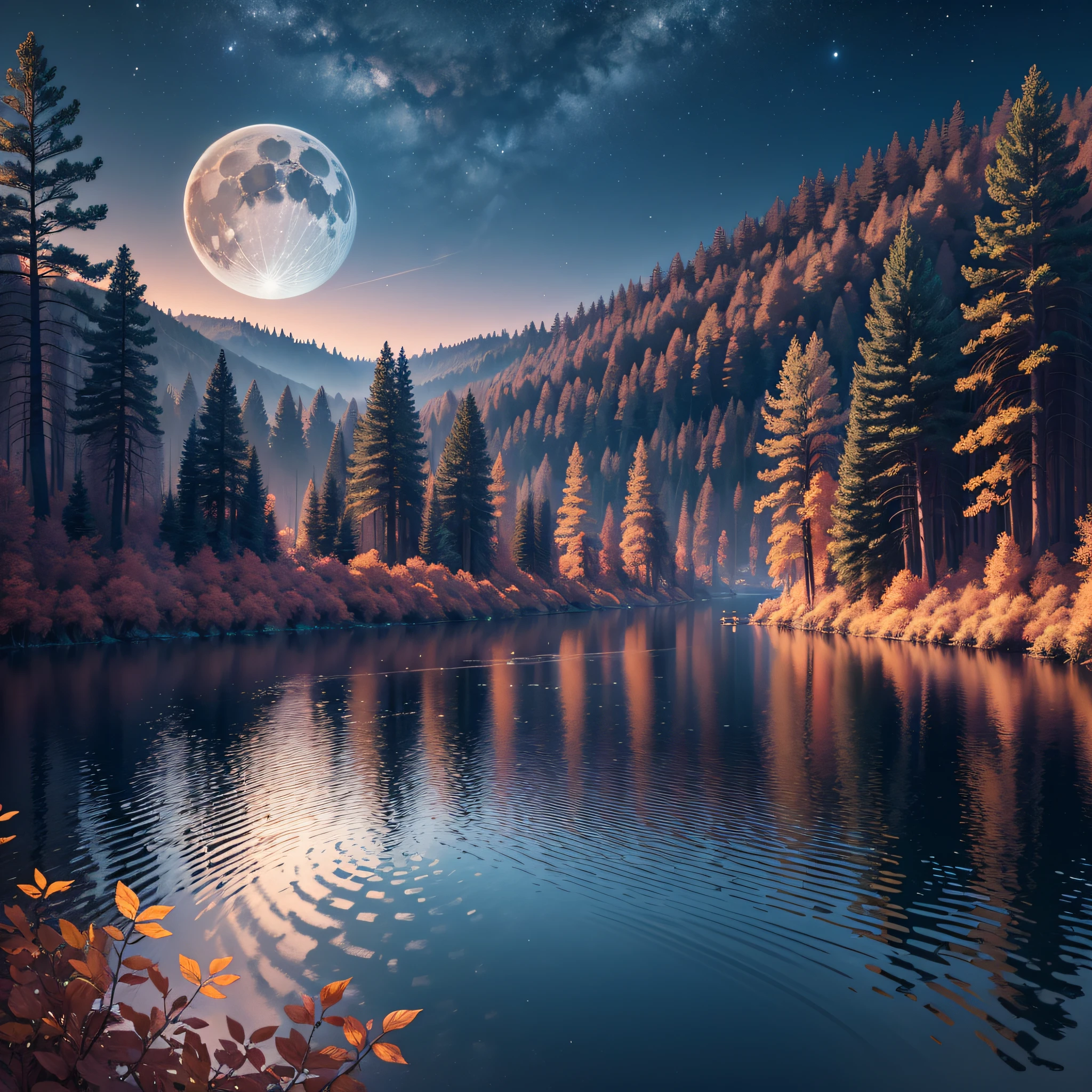 Forest, a lake with a moon in the sky, 4K Highly detailed digital art, 4K HD very detailed wallpaper, Autumn Night landscape, Desktop wallpaper, Unreal Engine 4K wallpaper, 4K Detailed digital art, Wallpaper, Epic landscape of realistic fantasy, 4K HD matte digital painting, 8K stunning art (high definition) --auto --s2