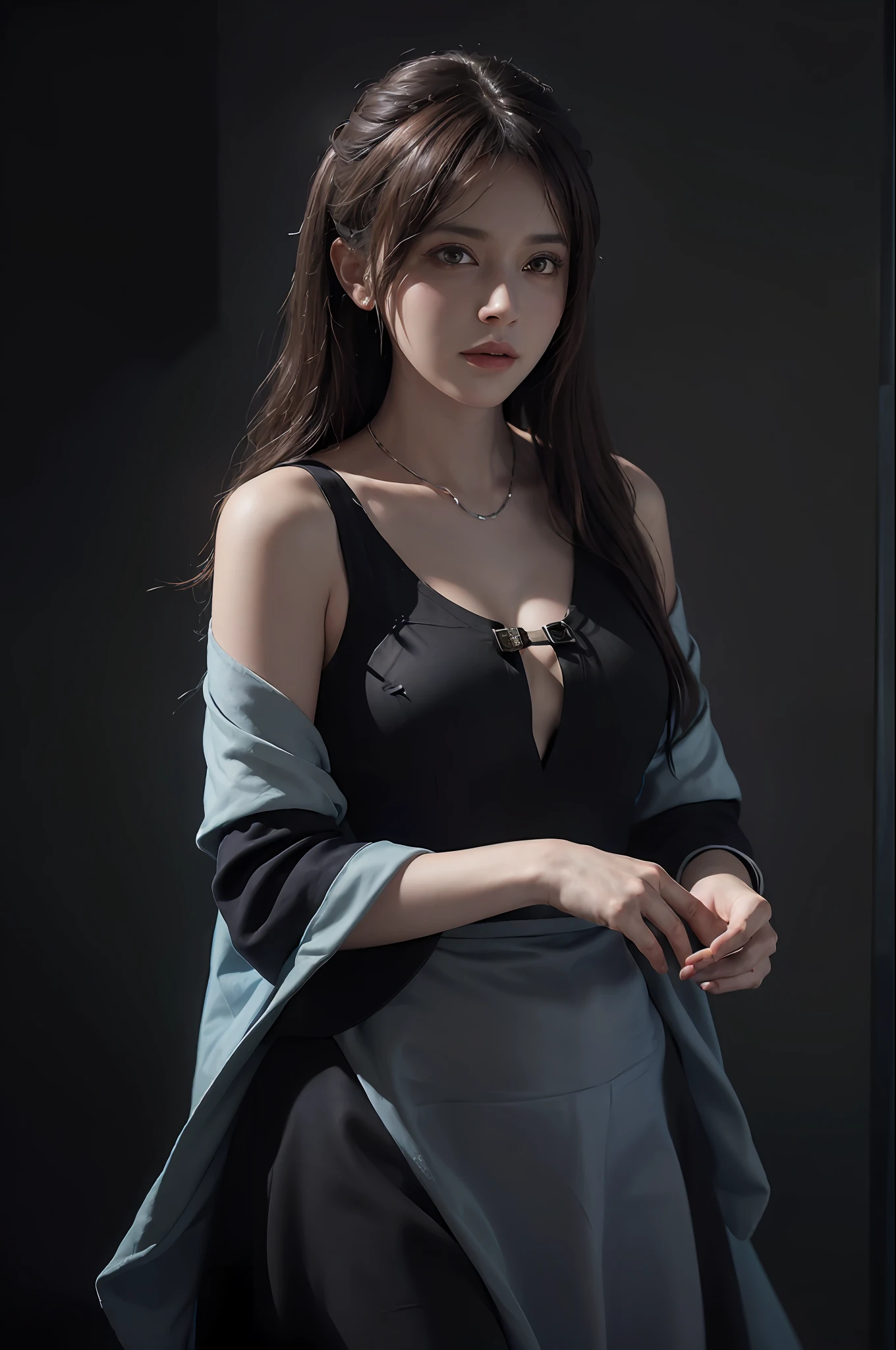 (front focus), (in the dark:1.6), Hyperrealist portrait of female by david hockney and alphonse mucha, fantasy art, photo realistic, dynamic lighting, artstation, poster, volumetric lighting, very detailed faces, 4 k, award winning, 1girl, in the dark, deep shadow, low key, cowboy shot, (official clothing:1.4), long hair, white hair
