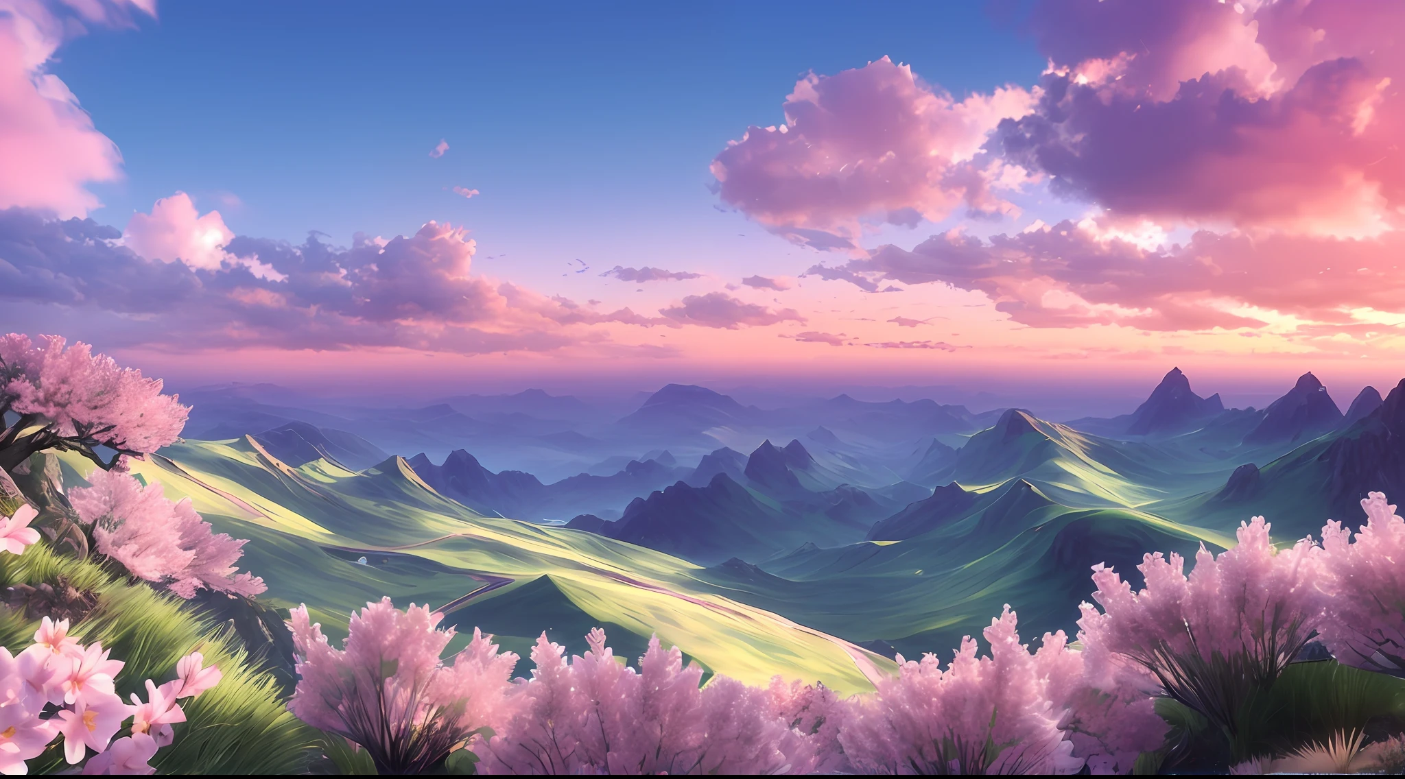 (xenoblade:1.3), mountain, intricate, highly detailed, artstation, smooth, sharp, focus, (intricate:1.1), (highly detailed:1.1), landscape, octane render, smooth, sharp focus, 35mm, （模拟风格：1.1），（高度详细：1.1） 1.0), (Photorealistic:1.3), (clouds:1.1), (dawn:1.1), (pink flowers:1.2), sakura