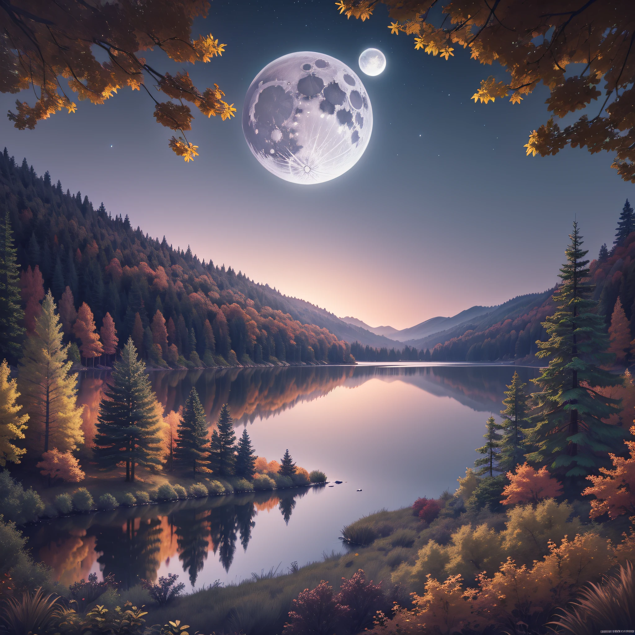 Forest, a lake with a moon in the sky, 4K Highly detailed digital art, 4K HD very detailed wallpaper, Autumn Night landscape, Desktop wallpaper, Unreal Engine 4K wallpaper, 4K Detailed digital art, Wallpaper, Epic landscape of realistic fantasy, 4K HD matte digital painting, 8K stunning art (high definition) --auto --s2