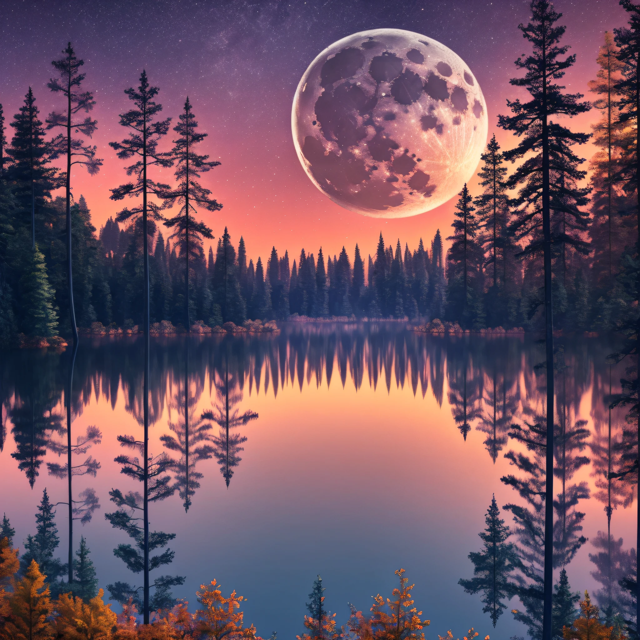 Forest, a lake with a moon in the sky, 4K Highly detailed digital art, 4K HD very detailed wallpaper, Autumn Night landscape, Desktop wallpaper, Unreal Engine 4K wallpaper, 4K Detailed digital art, Wallpaper, Epic landscape of realistic fantasy, 4K HD matte digital painting, 8K stunning art (high definition) --auto --s2