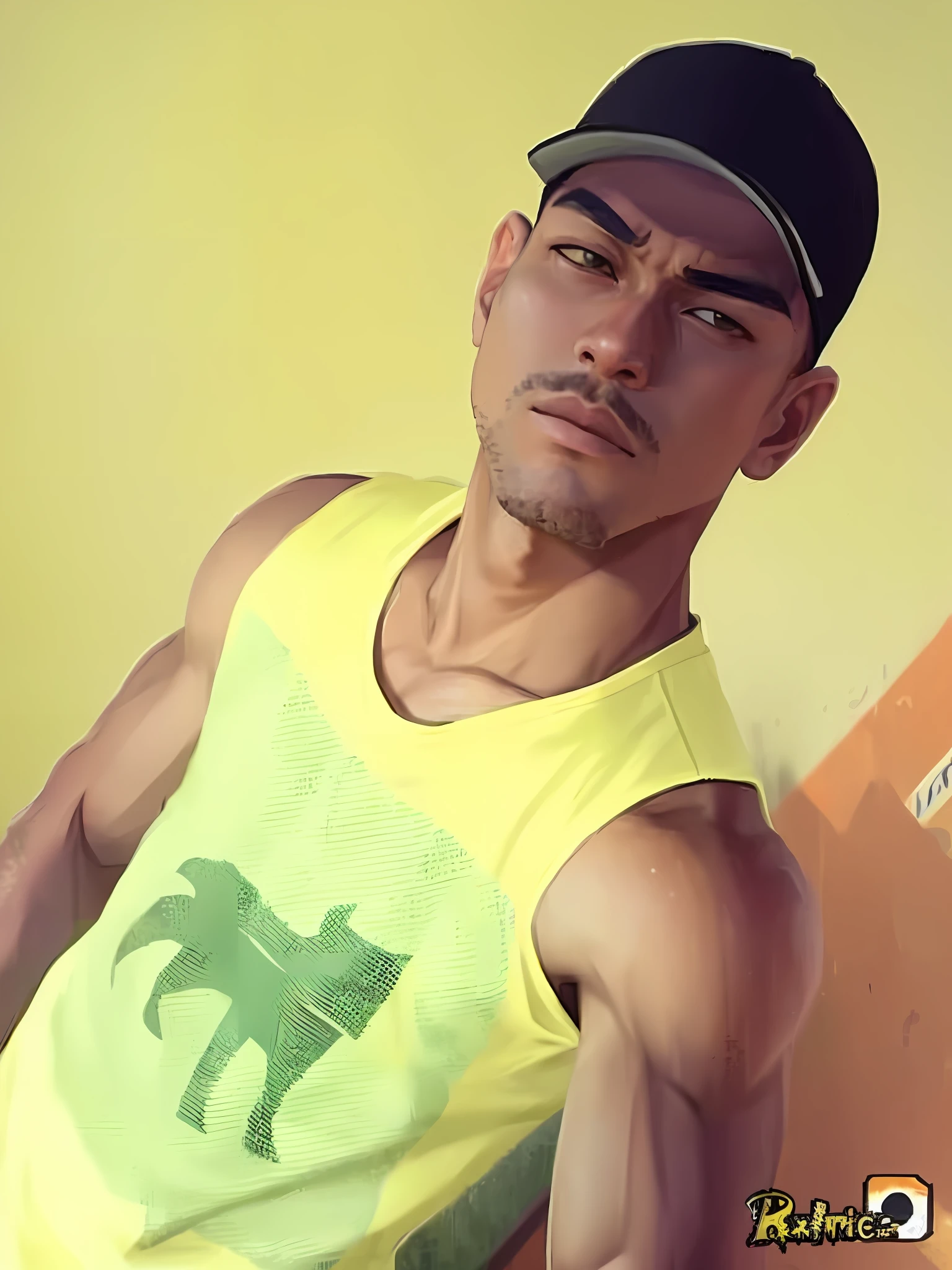 (best quality, masterpiece), 1boy, black cap, anime style GTA San Andreas, yellow t-shirt, looking at the viewer, upper body, araki hirohiko \(style\), standing pose., digital art style HD, 5k