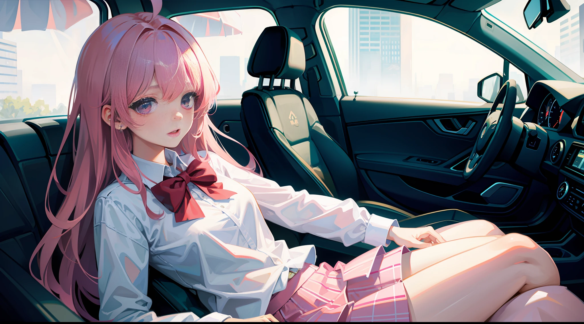Masterpiece, best quality, super detailed, illustration, beautiful details eyes, closeup, 1 girl, pink hair, white pleated shirt, skirt, in the car, looking at the phone, rainstorm weather