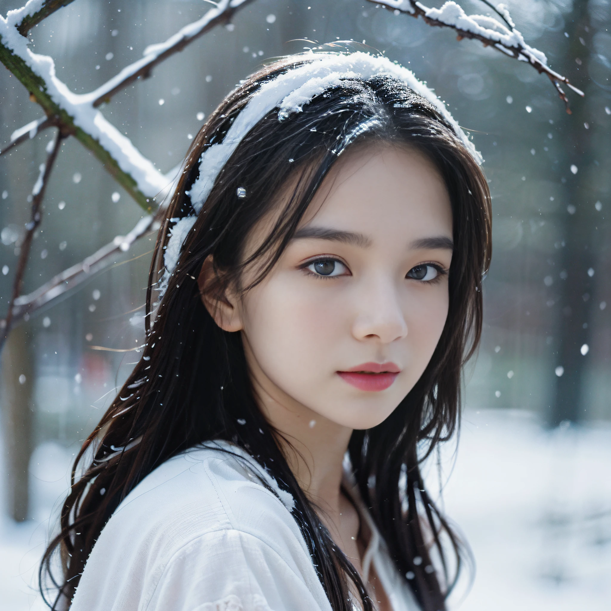 Best Quality, Masterpiece, Super High Resolution, (Realistic: 1.4), Original Photo, Bust Photo, Rain, Snow White Skin, Simple Background, Detail, Selfie, 1 Girl, Looking at the Viewer,