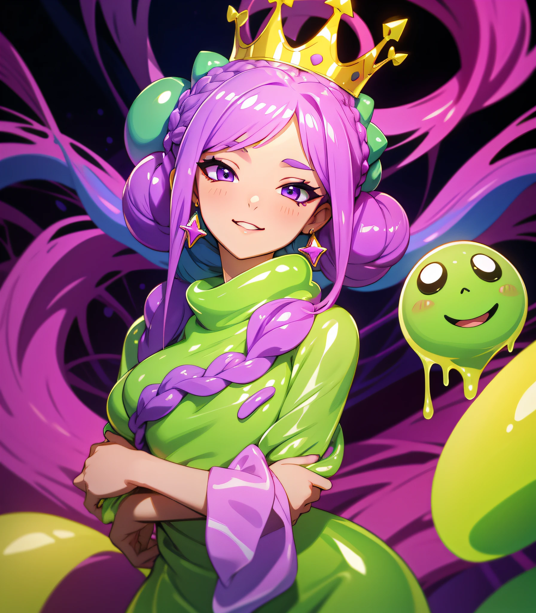 Slime girl, (slime), Slime hair Crown braid hair style, Psychedelic purple, crazy style dress, Masterpiece, Best Quality