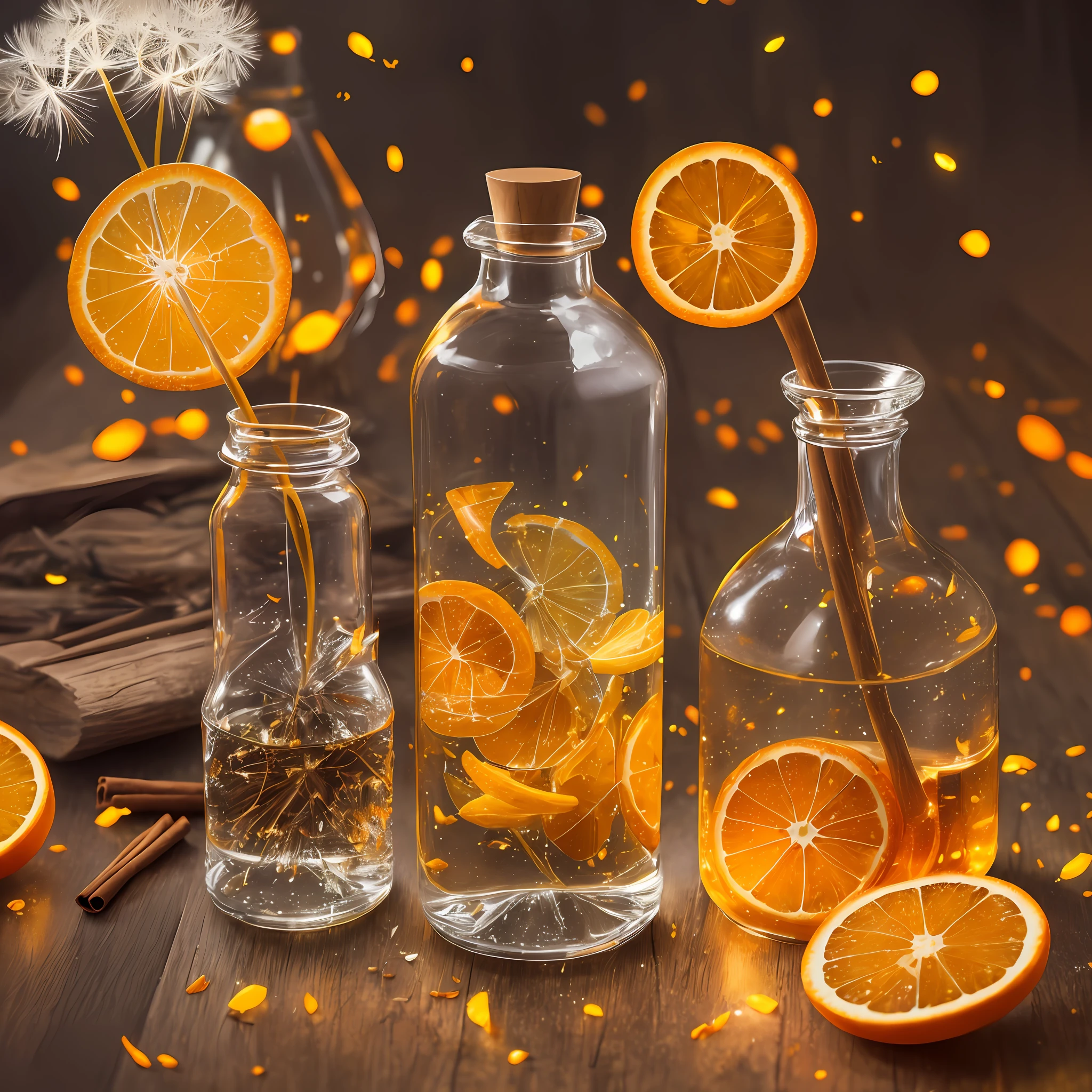 Computer, Extensive landscape ultrasound photography (general view, which shows a glass glass, glass bottle, inside, dandelion, orange, slices, peels, cinnamon, ), bottle, dandelion (detailed description of the bottle, dandelion, orange peels, ), glass, (detailed description), inside the glass dew (ultradetail), yellow dandelion, orange slices (detailed), morning sky, sun rays, (detail), bottle, reflection of dawn (1: 3), fireflies (1: 3), (ultradetailed description appearance), bottle, candle (crystals: 1,2), BREAK production art, (cold light source:1.2), (Firefly:1.2), orange, yellow, fire particles, colors, complex details, volumetric lighting, realistic fantasy BREAK (masterpiece:1.2), reflection, (best quality), 4k, ultra-detailed, (dynamic composition: 1.4), high detailed, colorful details, (warm colors: 1.2), (luminous lighting, atmospheric lighting), warm, light, magical, --auto --s2
