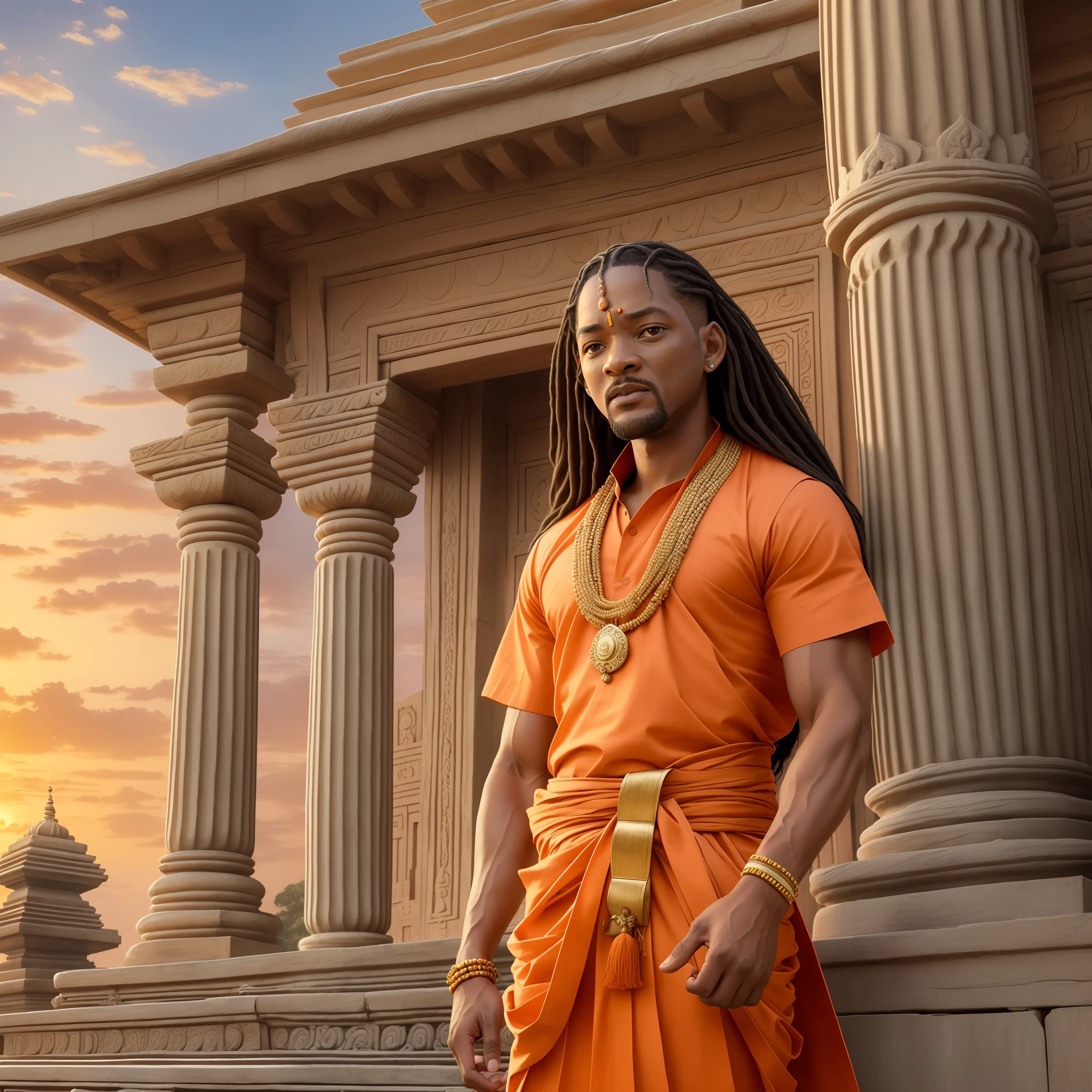 Ultra detailed, realistic, masterpiece, award winning picture,will Smith, orange dhoti,long hair ,Hindu religion,prey of God , detailed face ,as a Hindu person, temple,river ,sunset,like a priest, big eyes, black face ,close eyes and ,prey of lord ram --auto --s2