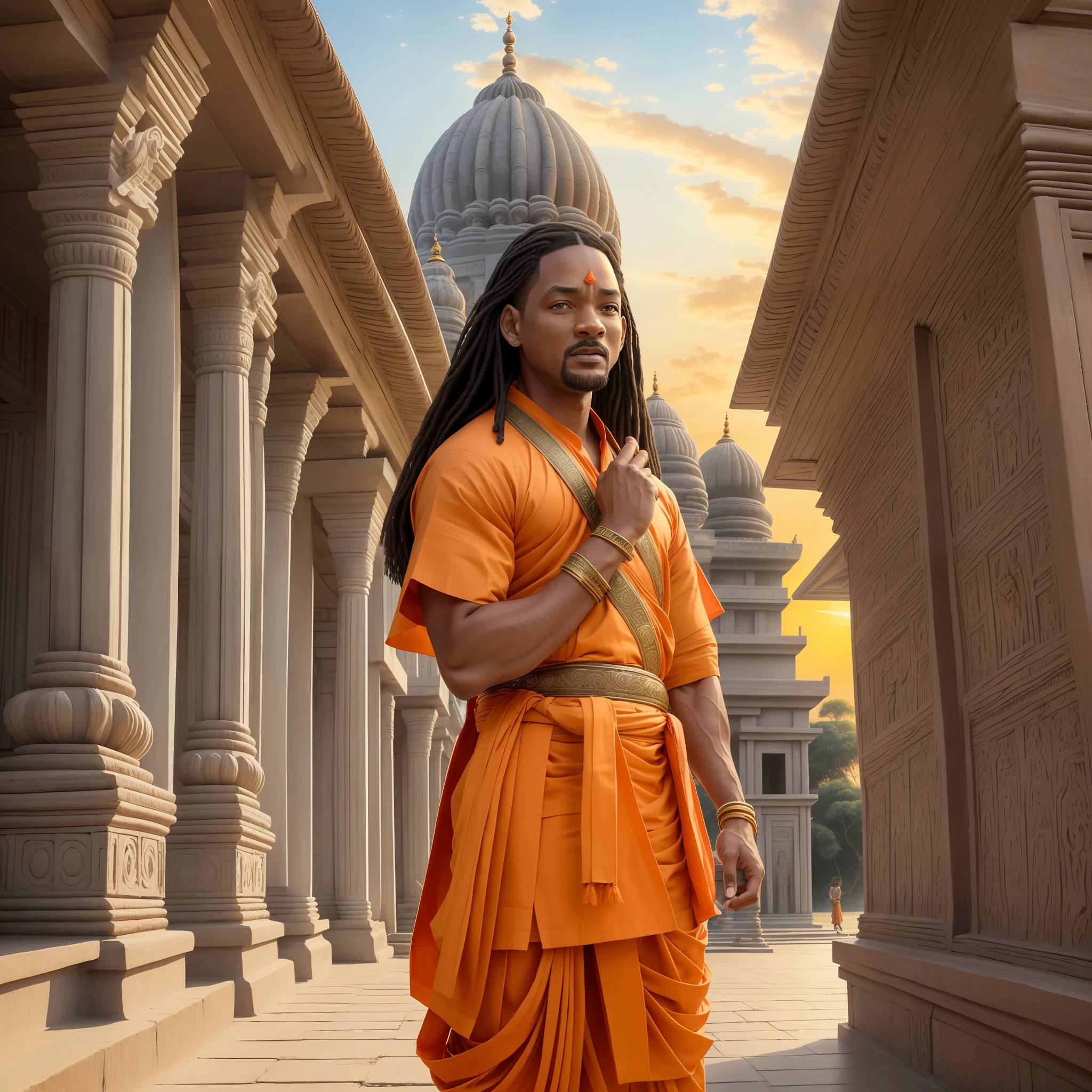 Ultra detailed, realistic, masterpiece, award winning picture,will Smith, orange dhoti,long hair ,Hindu religion,prey of God , detailed face ,as a Hindu person, temple,river ,sunset,like a priest, big eyes, black face ,close eyes and ,prey of lord ram --auto --s2