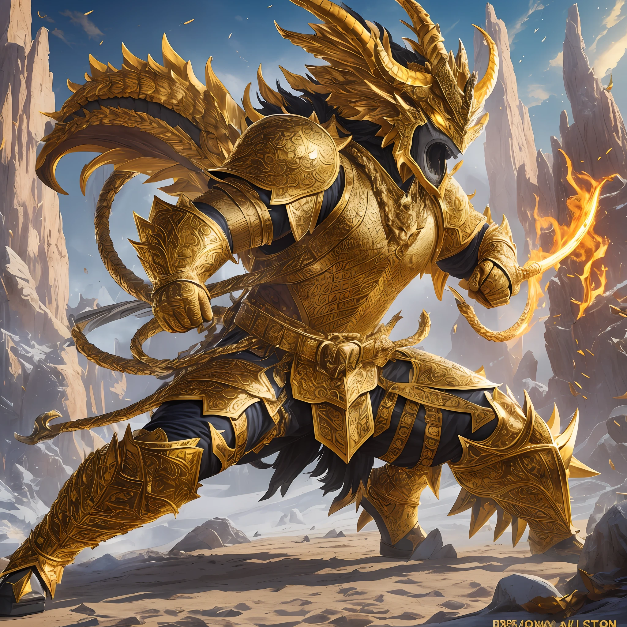 A warrior in heavy armor who fights hand-to-hand combat as his main method. His movements are swift and agile, and every attack is full of power and speed. His body is strong and powerful, showing unparalleled combat ability.
[4] = The scene is full of courage and wildness. The warrior's helmet mask shows an untamed and unusual aura, and his posture appears brave and fearless. Sculpture that uses golden dragon horns and a dragon's tail covered with golden scales to represent the majesty and strength of the warrior. The warrior's clothing includes all-metal armor, a dragon horn helmet, and a textured trouser and metal combat boots. Use sculptural materials such as plaster or metal to achieve the effect of sculpture. Expressing the majesty and strength of the warrior through fine carvings and details, the use of golden dragon horns and a dragon's tail covered with golden scales is used to increase the visual impact of the warrior. --auto --s2