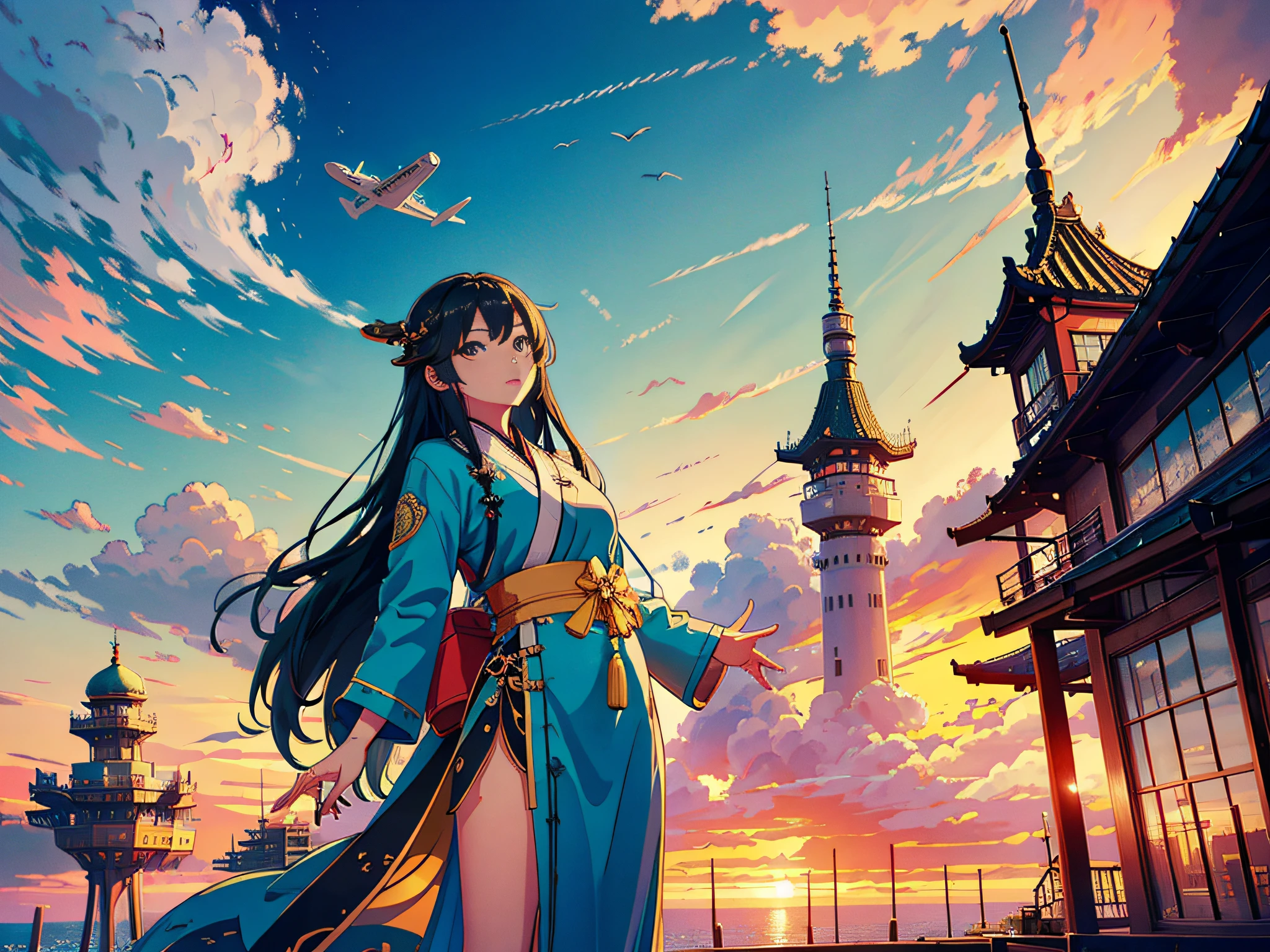 Airplane, Airliner, In the Air, Sunset Clouds, Big Airplane, Evening Hour, Footage Featuring Aircraft, in Loepfe Art Style ((New Sea City), popular in CGStation, New Haicheng H 2160, inspired by Bian Shoumin, New Sea City, Kavasi, Guwitz style, high quality pictures, 4K, 8K, resolution,