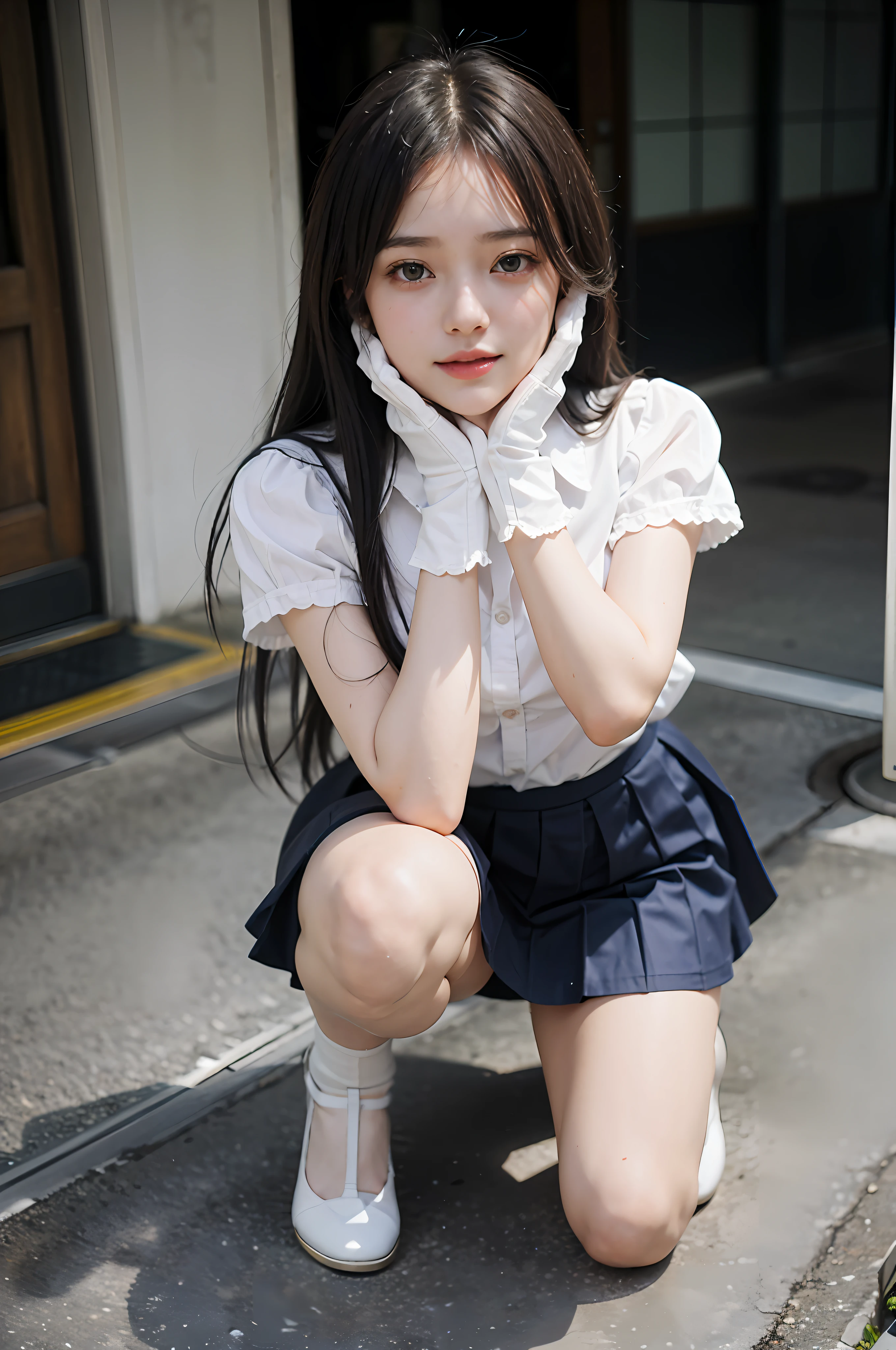 A beautiful girl, moving her center of gravity back, her feet forward and her hands outstretched, (white cotton gloves: 1.3), put her feet in the hand circle, very happy, no panties, thin legs, white short-sleeved top, tight skirt, knees 90 degrees, high heels on the ground, hands in front of feet, holding legs, kneeling, sidewalk, RAW photos, 8K, highest quality, super high resolution, beautiful face details, real human skin, front view, angle from below, long hair, realistic, realistic, cute, short skirt, Squatting deep in the city, cute schoolgirl, Japanese schoolgirl uniform, surreal high school girl, full body,