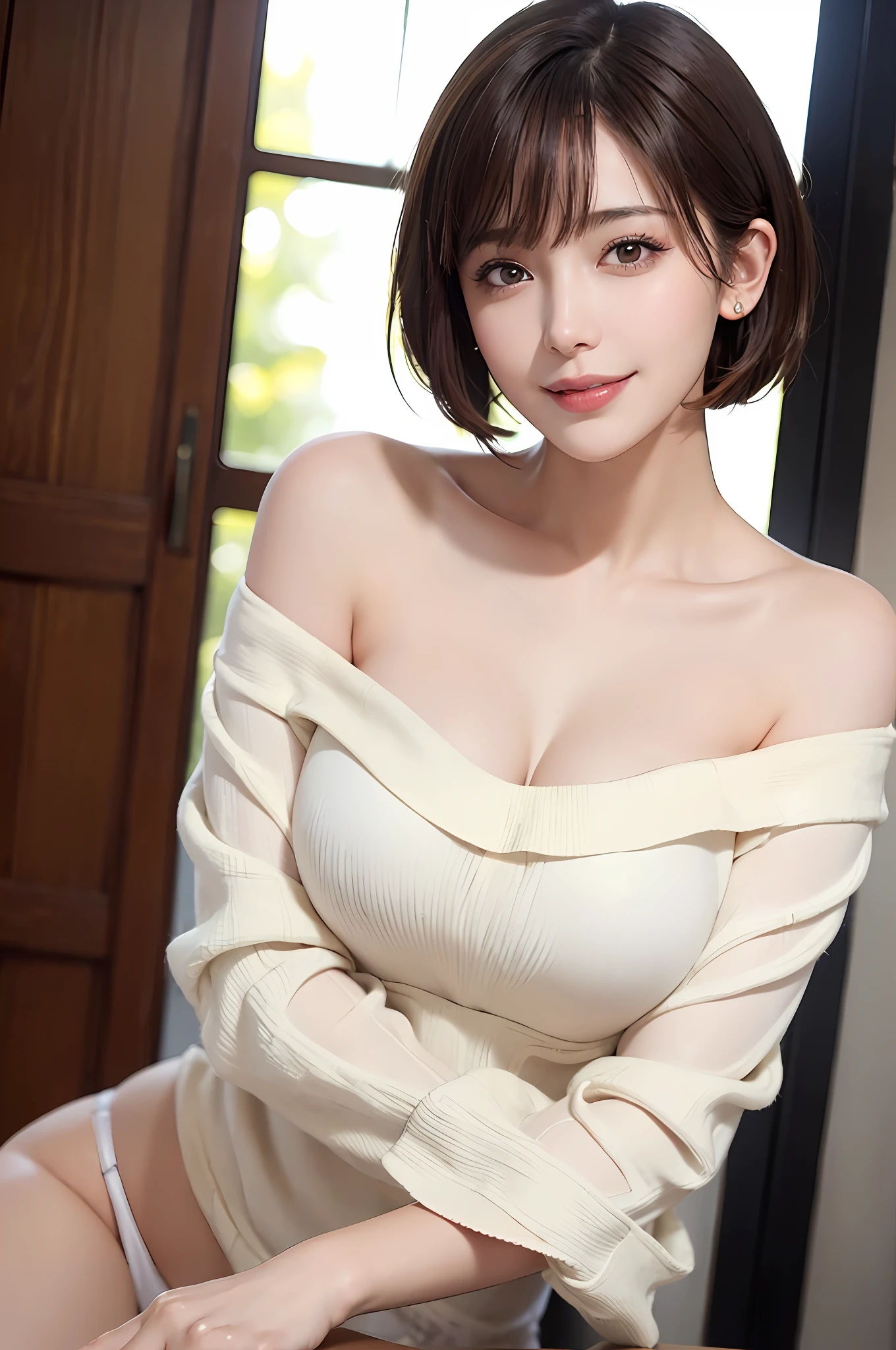 Top quality, masterpiece, (photorealistic: 1.4), One woman, Golden ratio, Perfect face, Beautiful figure, Pretty face, Close up on face, Zoom in on face, Short bob, Short hair, Smile from different angles, Smile, Gloss, Highlight, Glossy on skin, Glossy on skin, Wet skin, Wet, Bangs, Cute smile, Bust, Off shoulder, Refreshing charm, Elegant, perfect hand angle smile, smile, gloss, highlights, glossy skin, bangs, bust, big, warm off-shoulder, refreshing charm, ears out, gaze to camera, poses at different angles