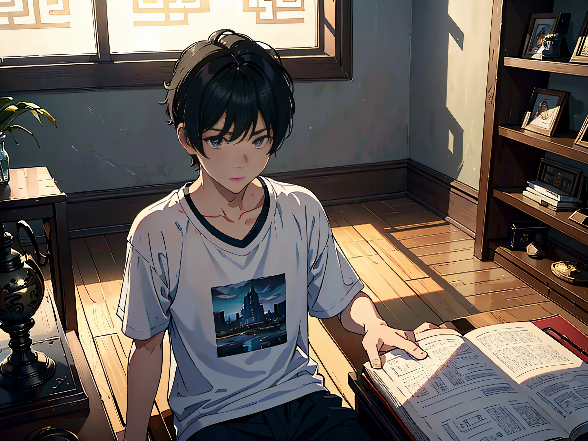 The protagonist is a boy, a boy sitting in the living room of the villa, sitting on a luxury sofa, boy, male classmate, family background, bookcase, this male classmate is wearing a white T-shirt, short black hair, the male classmate looks at the camera, the lens is mainly featured on the upper body, in the Loepfe art style ((Xinhaicheng), popular in CGStation, Xinhaicheng H 2160, inspired by Bian Shoumin, Xinhaicheng, Kavasi, Guwitz's style, high-quality pictures, 4K, 8K, resolution,