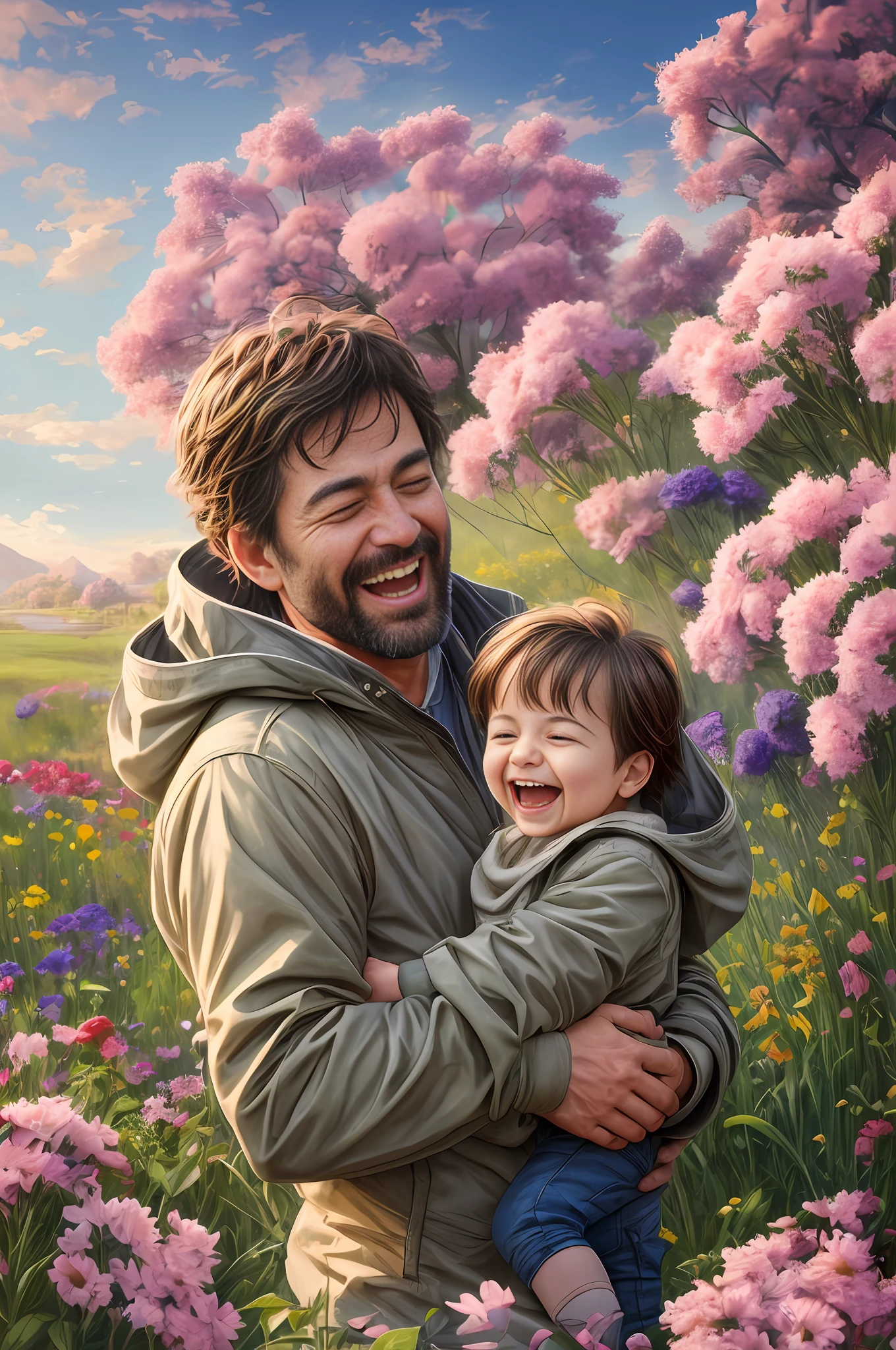 The father lifts the  high, laughing, large area of flowers in the foreground, soft light, comfortable tones, hyper-realistic, 8k --auto --s2