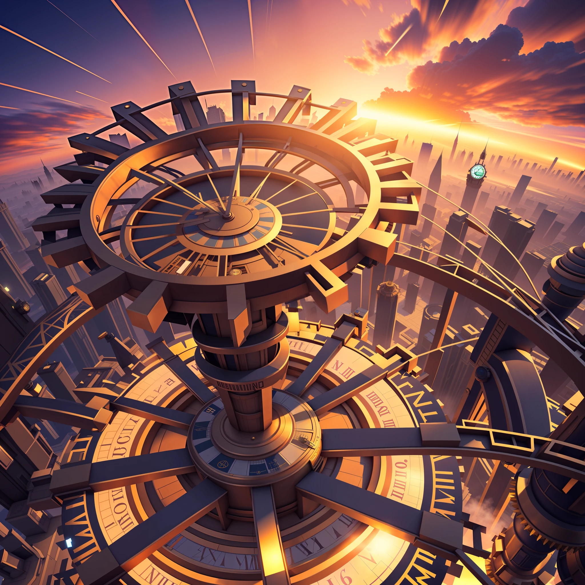 a close up of a clock tower with a city in the background, 4k solarpunk wallpaper, golden steampunk city atmosphere, inspired by Mike "Beeple" Winkelmann, 3 d render beeple, in steampunk cityscape, by Mike "Beeple" Winkelmann, solarpunk metropolis, inspired by Mike Winkelmann, sunrise over solarpunk city