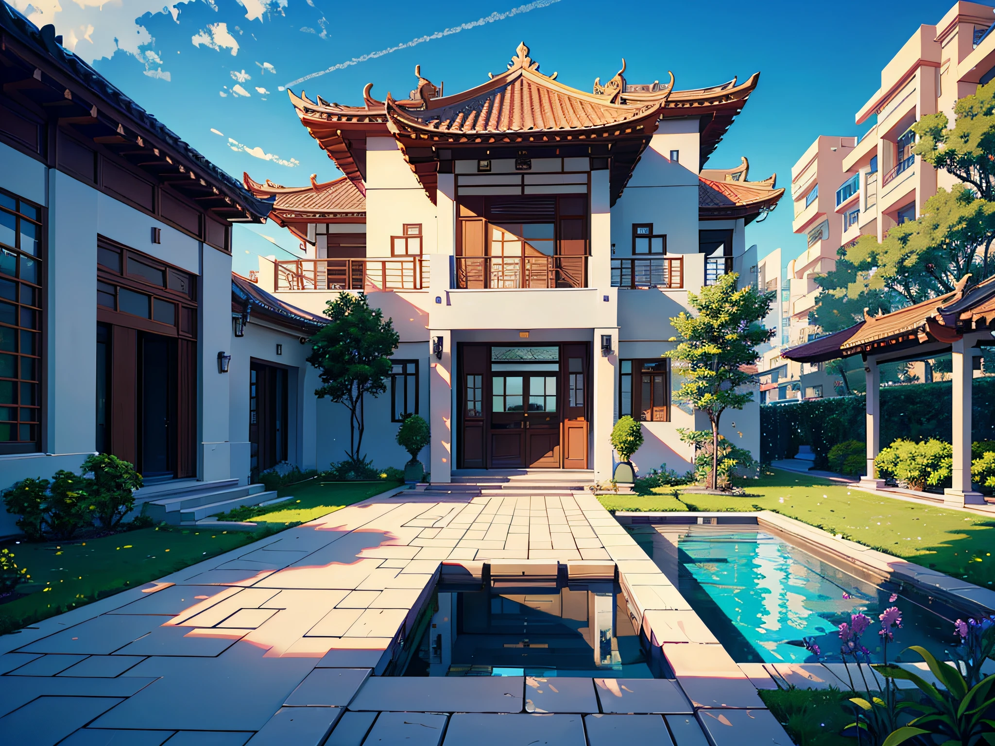 Large villa, architecture and construction, art architecture, luxury villa renderings, modern style villa, villa with parking yard, lens mainly featuring luxury villas, in Loepfe art style ((Xinhai City), popular in CGStation, Xinhaicheng H 2160, inspired by Bian Shoumin, Xinhaicheng, Kavasi, Guwitz style, high quality pictures, 4K, 8K, resolution,