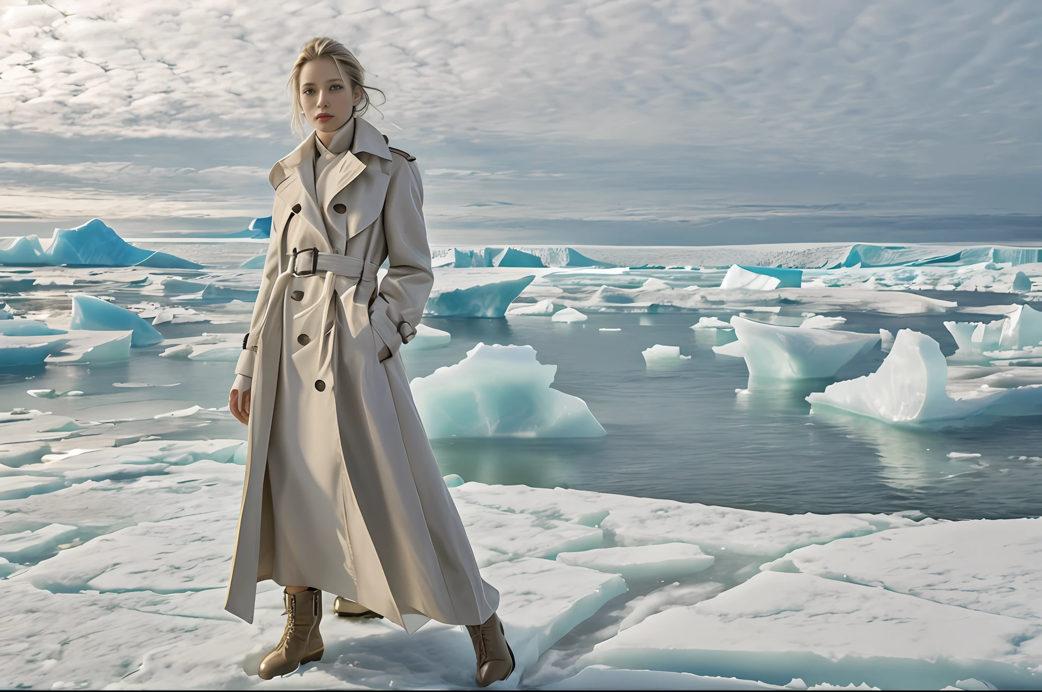 woman in trench coat standing on icebergs in front of a body of water, arctic, woman is in a trenchcoat, iceberg, official dior editorial, by Juergen von Huendeberg, calvin klein, by Dietmar Damerau, hunter, by Jakob Gauermann, trenchcoat, coat, a full portrait of nordic female