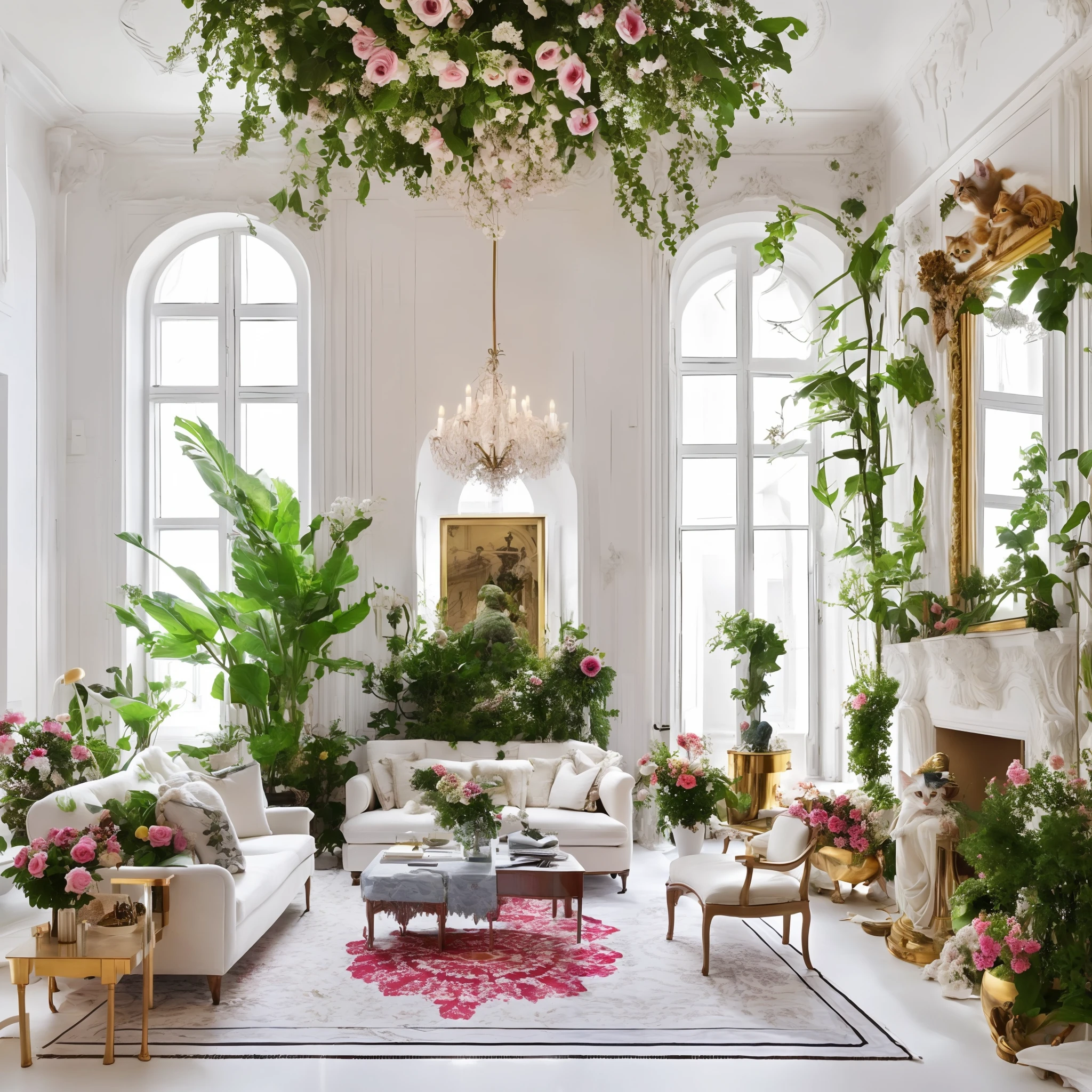The photo of Architectural Digest is a French-style white living room with lots of flowers and plants, a kitten, white glow, surrealism, award-winning masterpieces, incredible detail, epic stunning