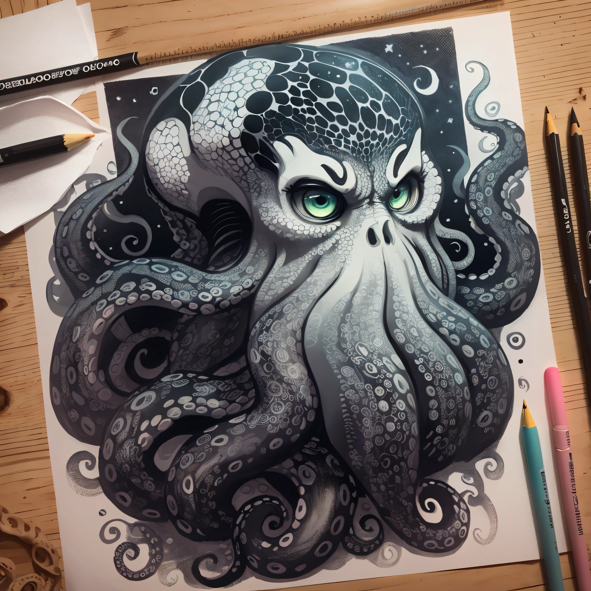 drawing of a octopus with a skull and a star in the background, detailed 4 k drawing, cthulhu squid, highly detailed illustration, anthropomorphic octopus, cthulu portrait, highly detailed drawing, portrait of cthulhu, cute cthulhu, ink artwork, detailed creature, highly detailed creature, highly detailed dark art, epic pencil illustration, leviathan cthulhu squid