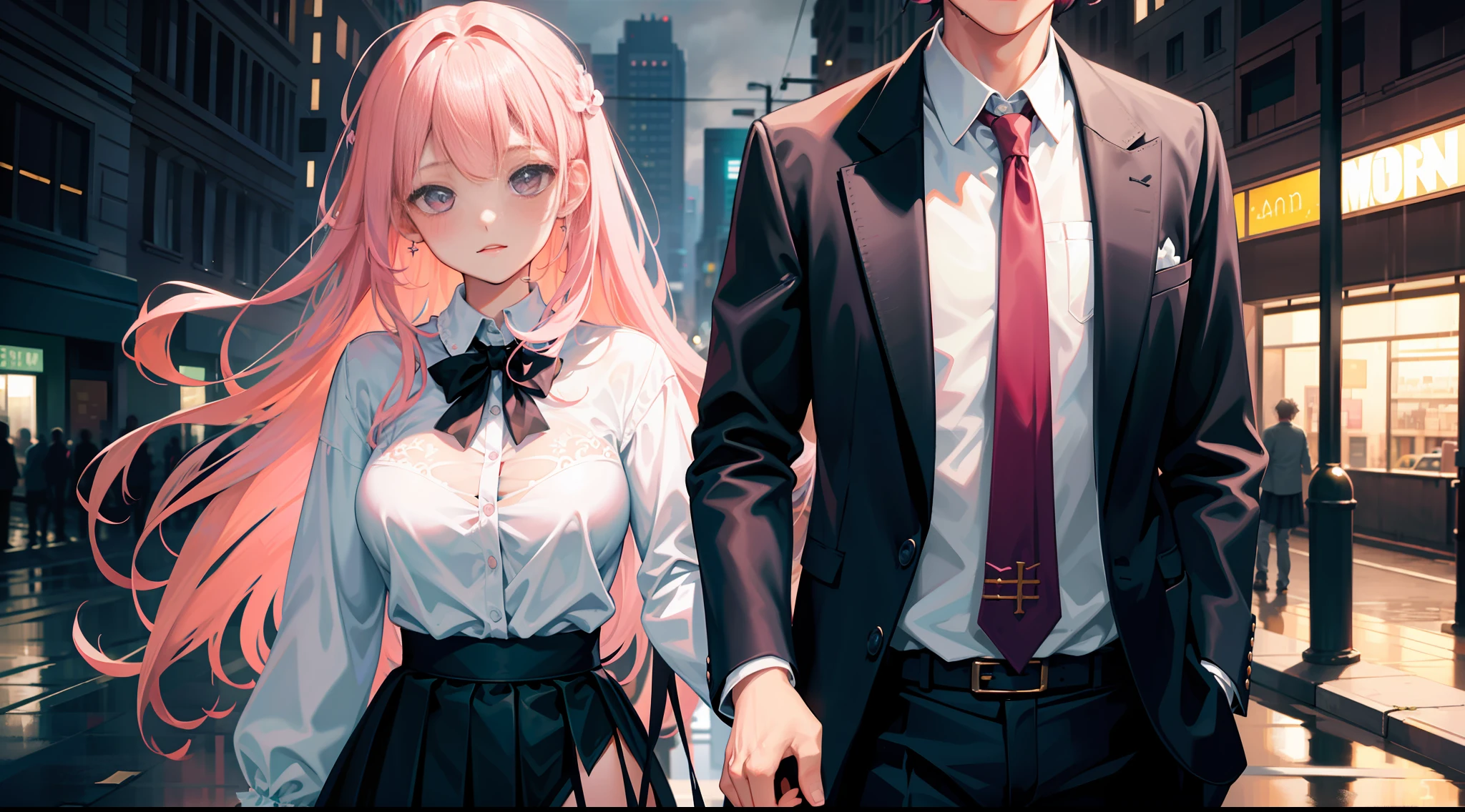 Masterpiece, best quality, super detailed, illustration, beautiful detailed eyes, close up, with a boy and a girl. It is pink hair, white pleated shirt, cracked clothing buttons, leaking cleavage, breast art, skirt. The boy is black hair, black suit, black pants. Boys and girls on the street, heavy rain weather
