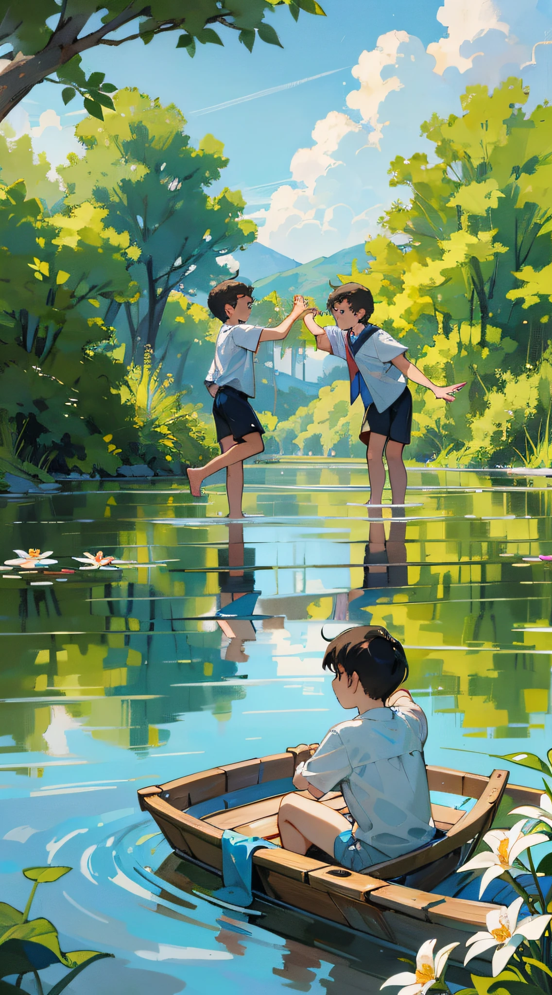Masterpiece, best quality, best details, three boys playing in the water, having fun, dynamic, summer, lake full of flowers