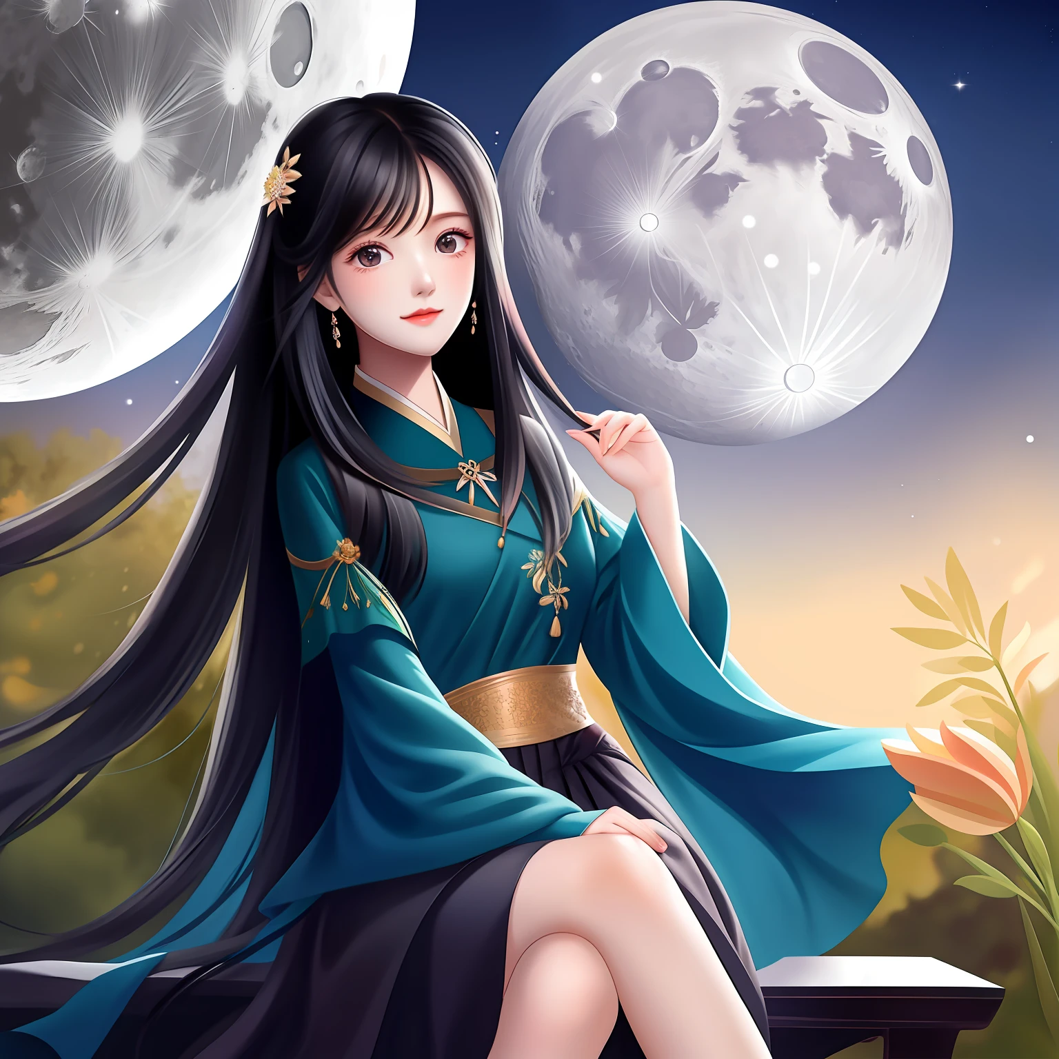 Beautiful girl long black hair and sitting in the midnight the moon is shinning