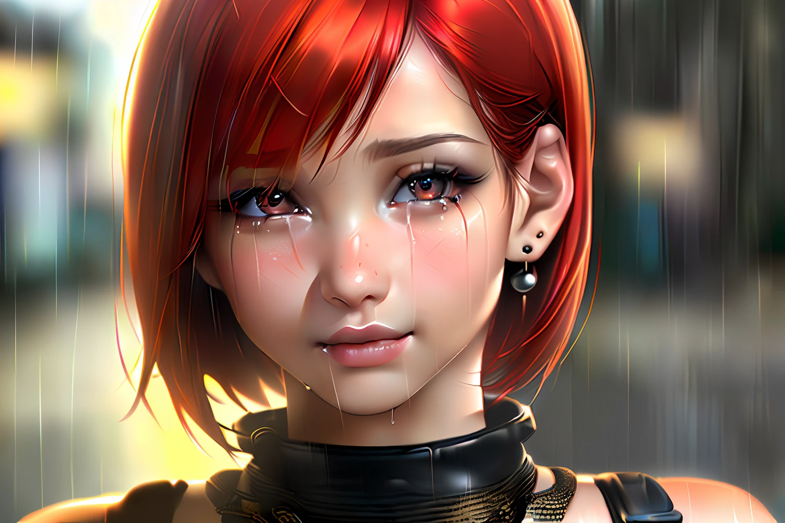 8k,(RAW photo),(best quality), (photo-realistic:1.4),realistic skin texture 1girl,Cute,Double eyelid, bangs, red bob cut, highlight red hair, full body,petite,Thin,(figure),slim,smile, earrings, looking at viewer,face focus, crying in the rain,depth of field,