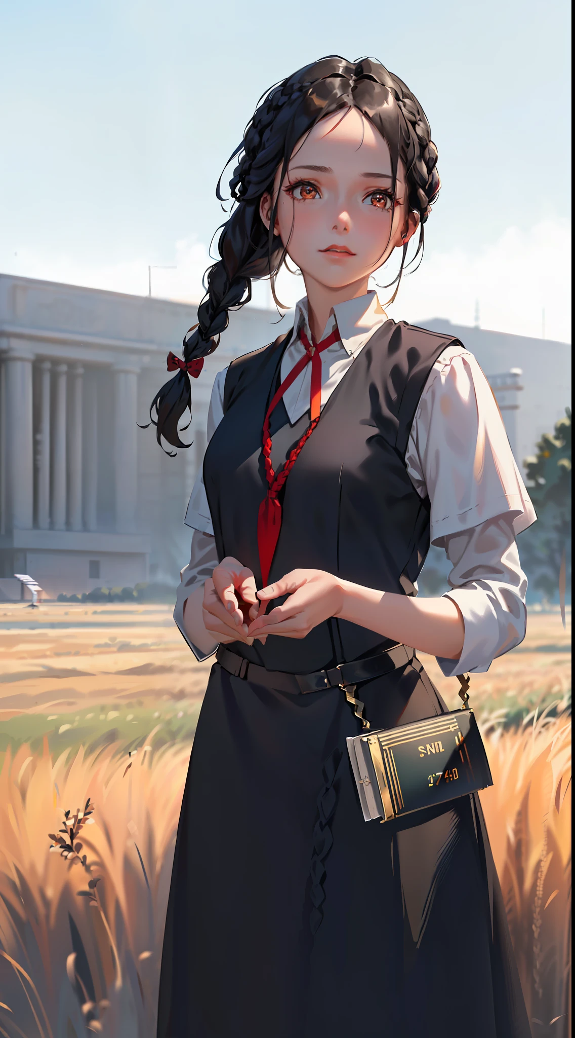 Movie Poster,((Braid Hairstyle: 1.5)),Science Fiction,Sci-Fi,Film Reference Foundation,Front View,Insidious Face,Woman,(Adult at 34 years old:1.4),Black one-sided braided hairstyle,Red eyes,(Reference to 1948 University Master's uniform:1.6),Missiles at the back,(Filed in the middle of an open meadow with a breeze)