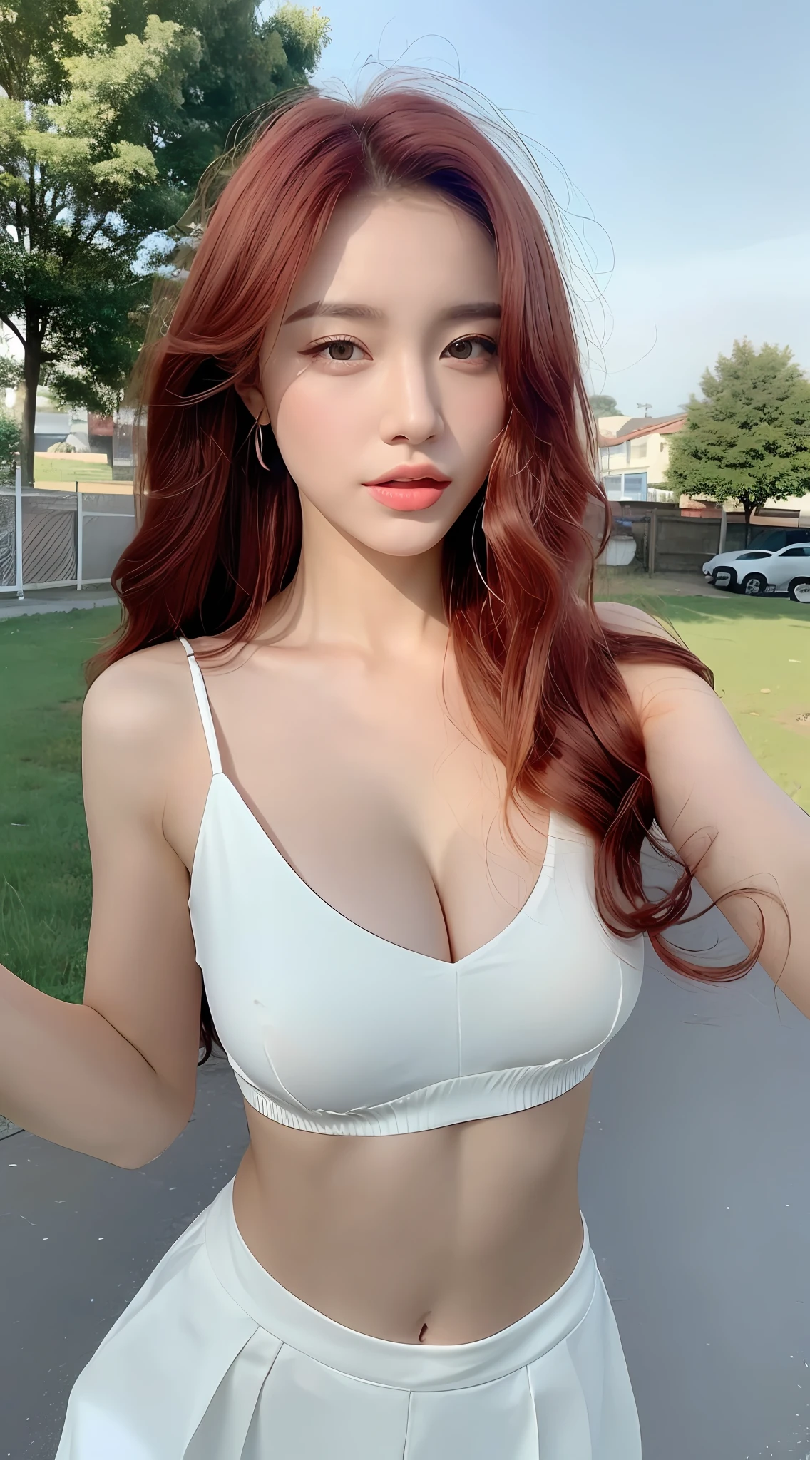 ((Realistic lighting, Best quality, 8K, Masterpiece: 1.3)), Clear focus: 1.2, 1girl, Perfect body beauty: 1.4, Slim abs: 1.1, ((Red hair, Milk: 1.3)), cowgirl pose, (Outdoor, daytime: 1.1), country street, super fine face, fine eyes, double eyelids, curly hair, fair skin