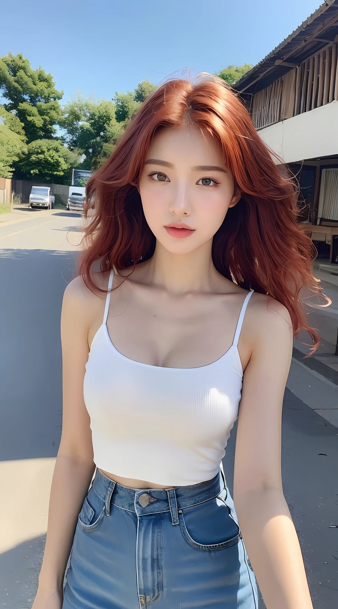 ((Realistic lighting, Best quality, 8K, Masterpiece: 1.3)), Clear focus: 1.2, 1girl, Perfect body beauty: 1.4, Slim abs: 1.1, ((Red hair, Milk: 1.3)), cowgirl pose, (Outdoor, daytime: 1.1), country street, super fine face, fine eyes, double eyelids, curly hair, fair skin