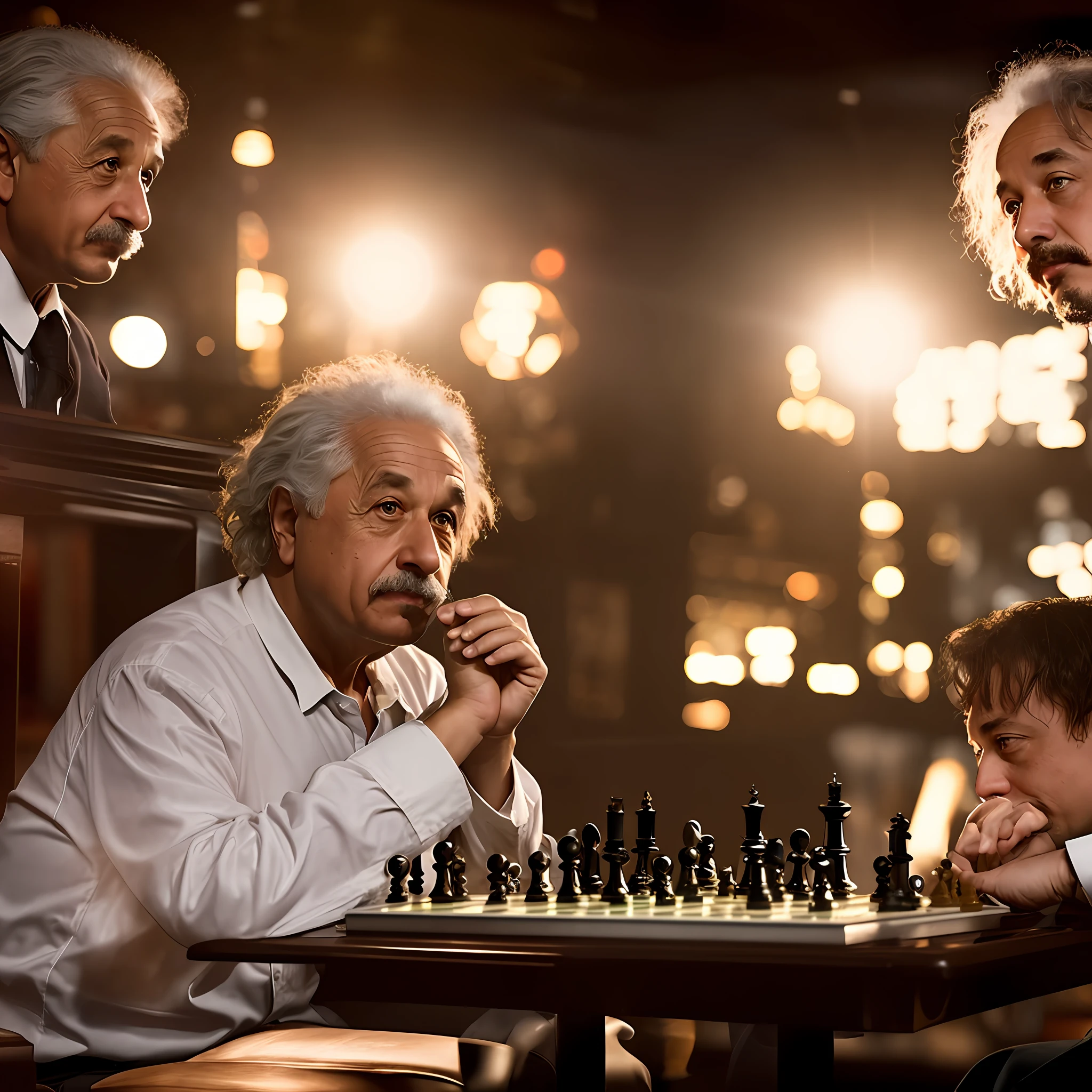 photo realistic, albert einstein playing chess with elon musk, dirty bar environment, sinister lighting, photo realistic