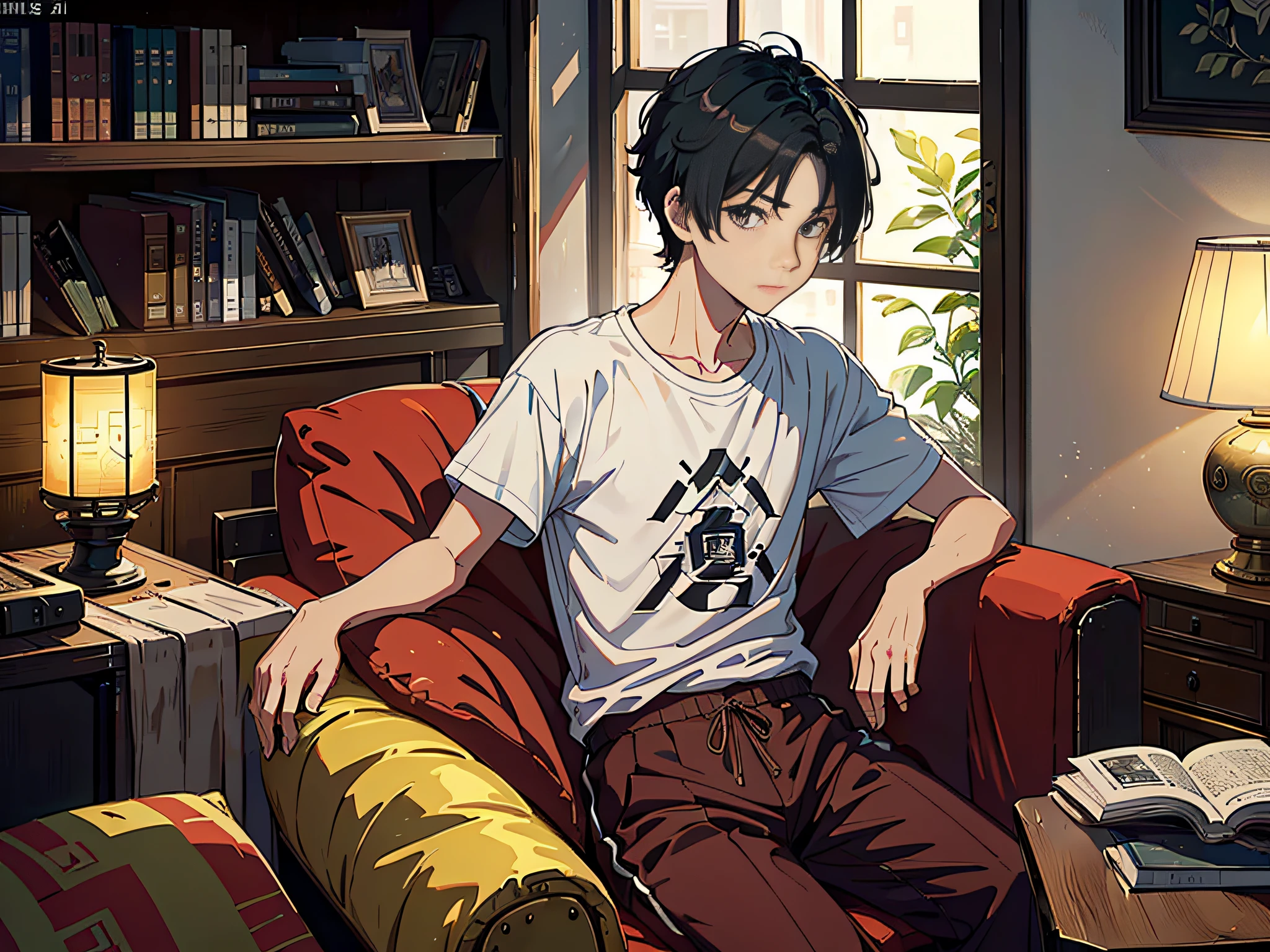 The protagonist is a boy, a boy sitting in the living room of the villa, sitting on a luxury sofa, boy, male classmate, family background, bookcase, this male classmate is wearing a white T-shirt, short black hair, the male classmate looks at the camera, the lens is mainly featured on the upper body, in the Loepfe art style ((Xinhaicheng), popular in CGStation, Xinhaicheng H 2160, inspired by Bian Shoumin, Xinhaicheng, Kavasi, Guwitz's style, high-quality pictures, 4K, 8K, resolution,