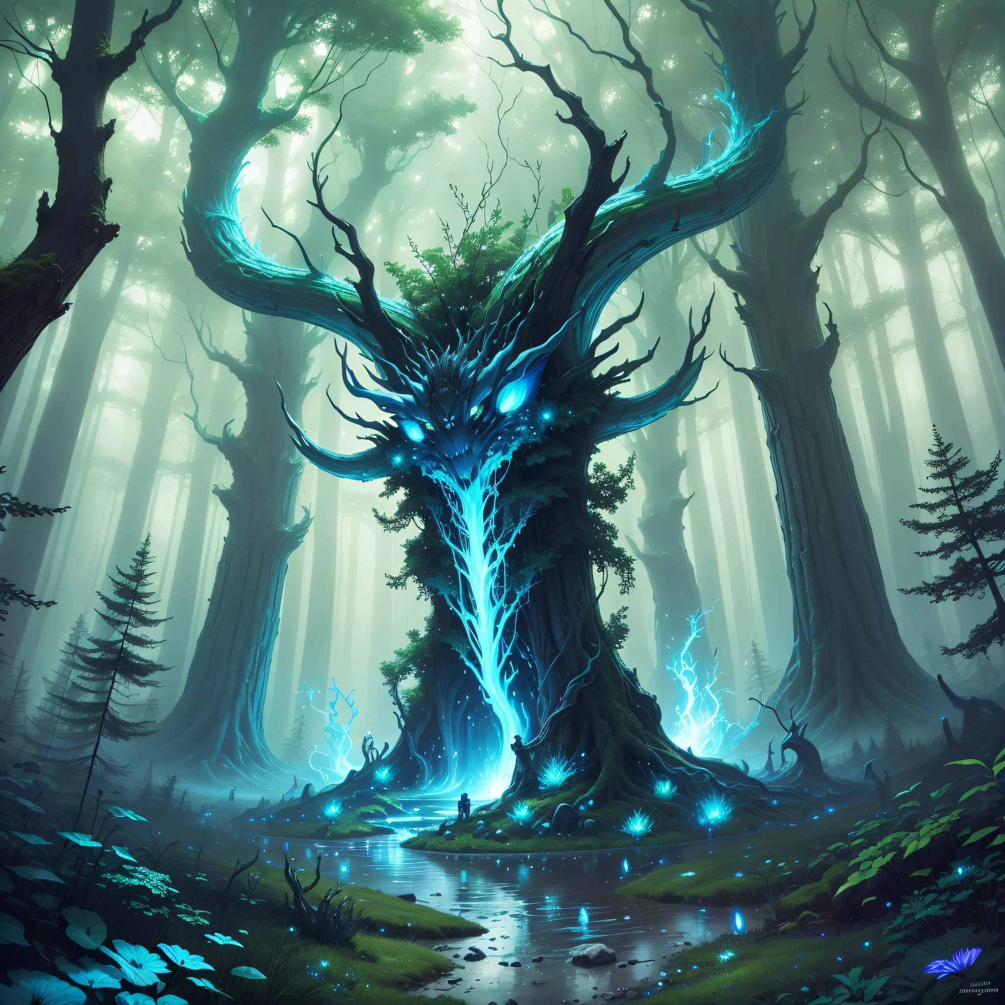 Imagine a perfect and luminous enchanted forest, with surreal creatures from other planets, and in this forest there is a powerful magician who controls the elements of nature. --auto --s2