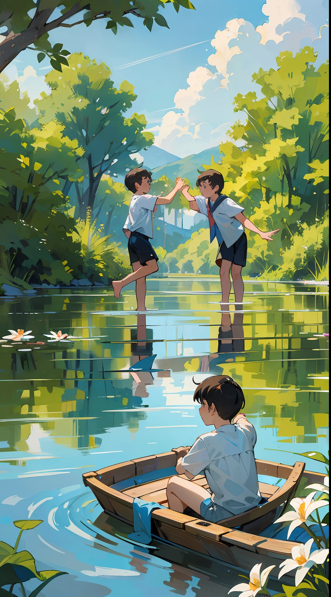 Masterpiece, best quality, best details, three boys playing in the water, having fun, dynamic, summer, lake full of flowers