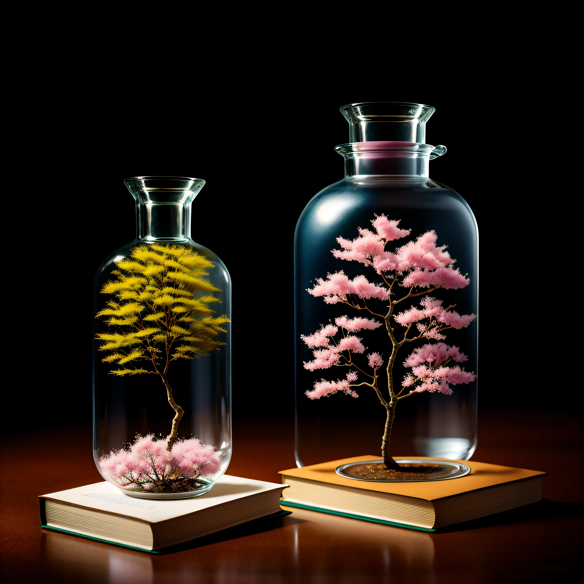 sakura books tree in a bottle, on the book, fluffy, realistic, atmospheric light refraction, by lee jeffries nikon d850 film stock photograph 4 kodak portra 400 camera f1.6 lens rich colors hyper realistic lifelike texture dramatic lighting unreal engine trending on artstation cinestill 800, Style-Glass