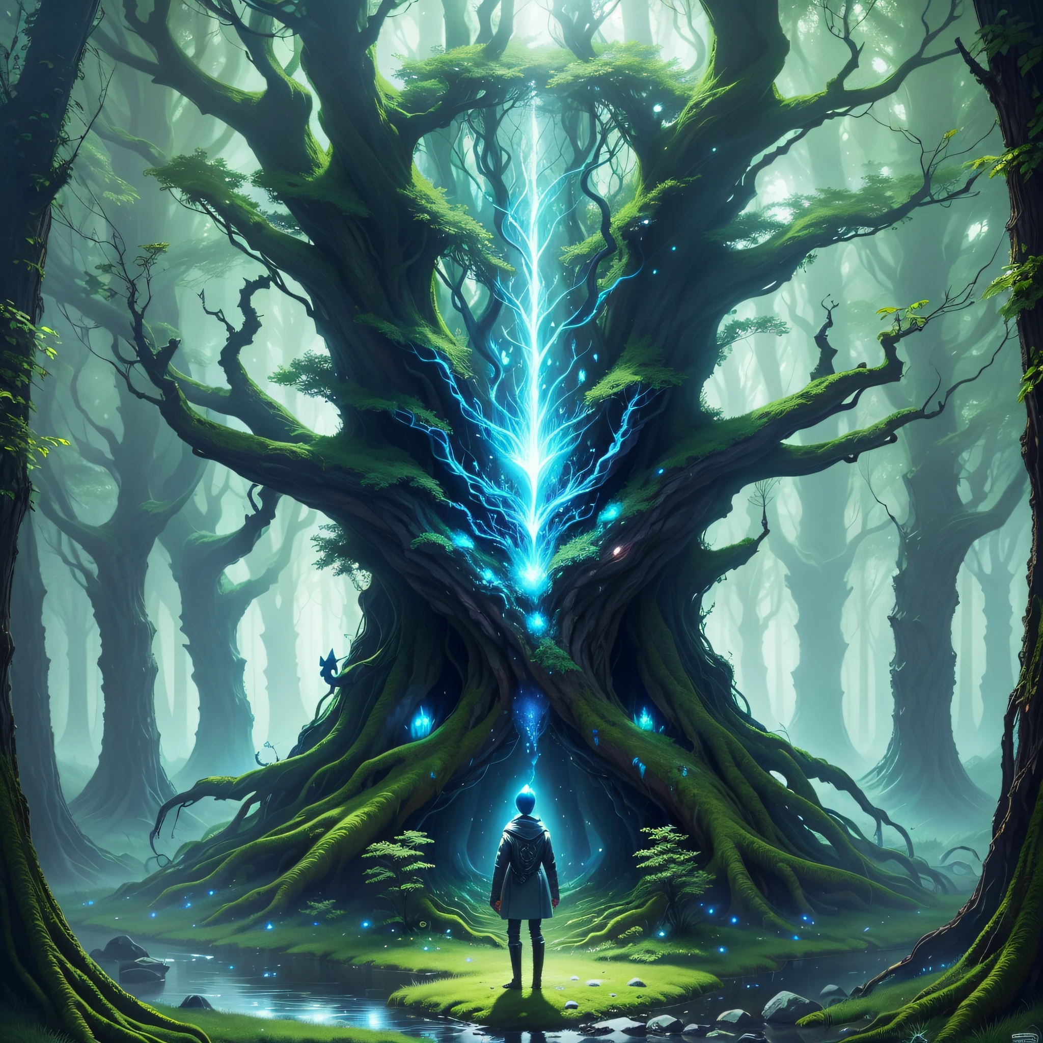 Imagine a perfect and luminous enchanted forest, with surreal creatures from other planets, and in this forest there is a powerful magician who controls the elements of nature. --auto --s2