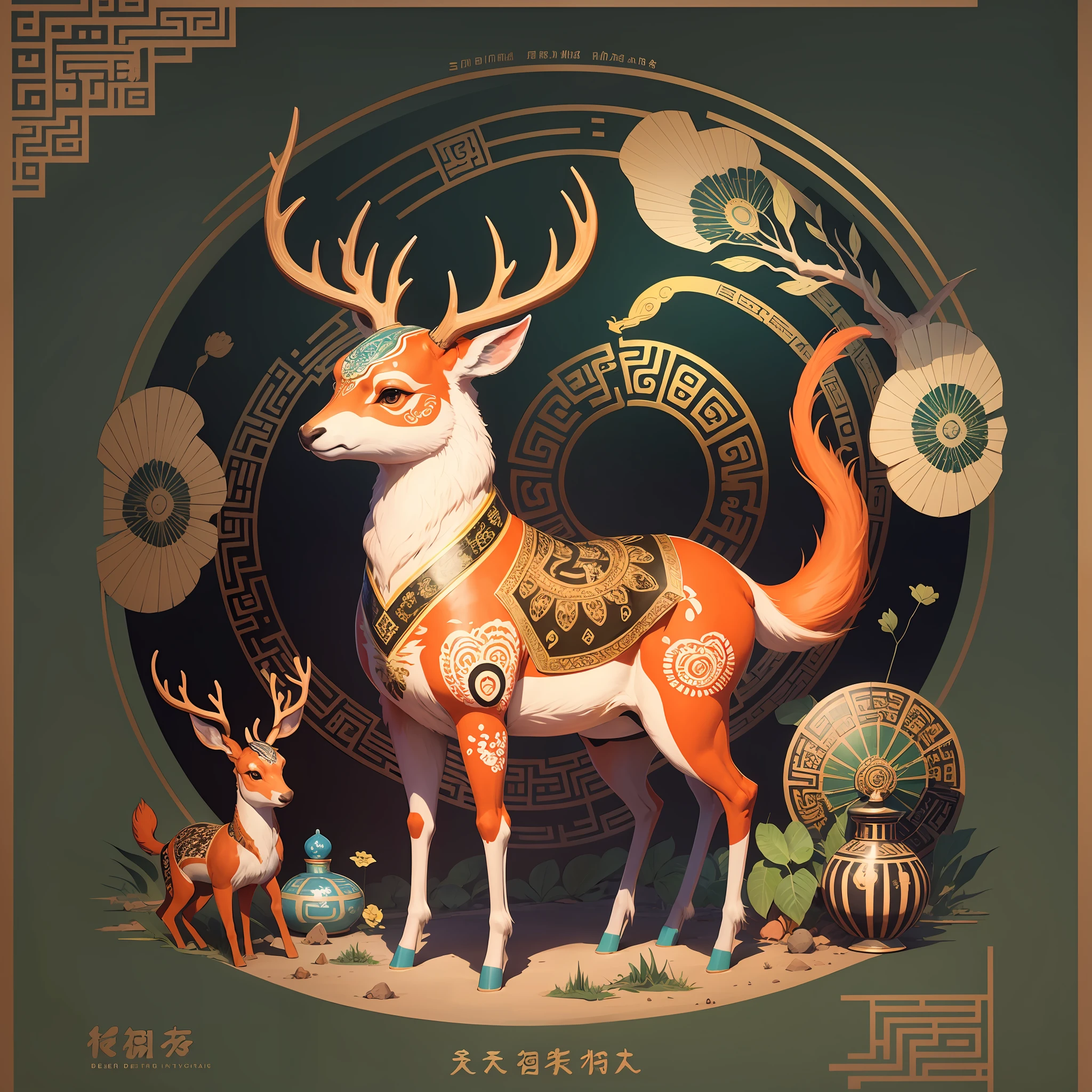 Illustration, poster design, perfume bottle, Dunhuang culture, nine-color deer, Chinese style, rich background, super detail details --auto --s2