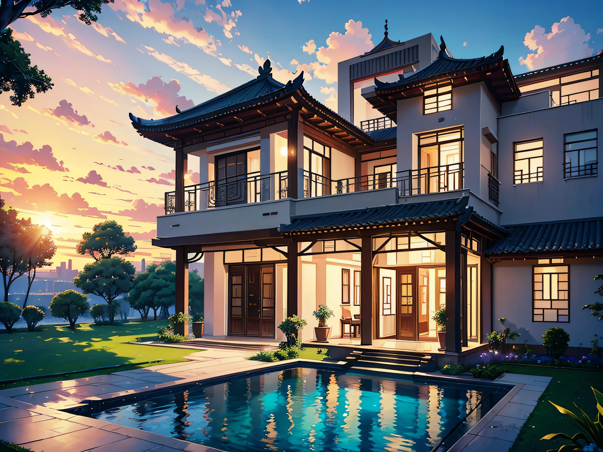 Large villa, architecture and construction, art architecture, luxury villa renderings, modern style villa, villa with parking yard, long shot, lens mainly featuring luxury villas, in Loepfe art style ((Xinhai City), popular in CGStation, Xinhaicheng H 2160, inspired by Bian Shoumin, Xinhaicheng, Kavasi, Guwitz's style, high quality pictures, 4K, 8K, resolution,