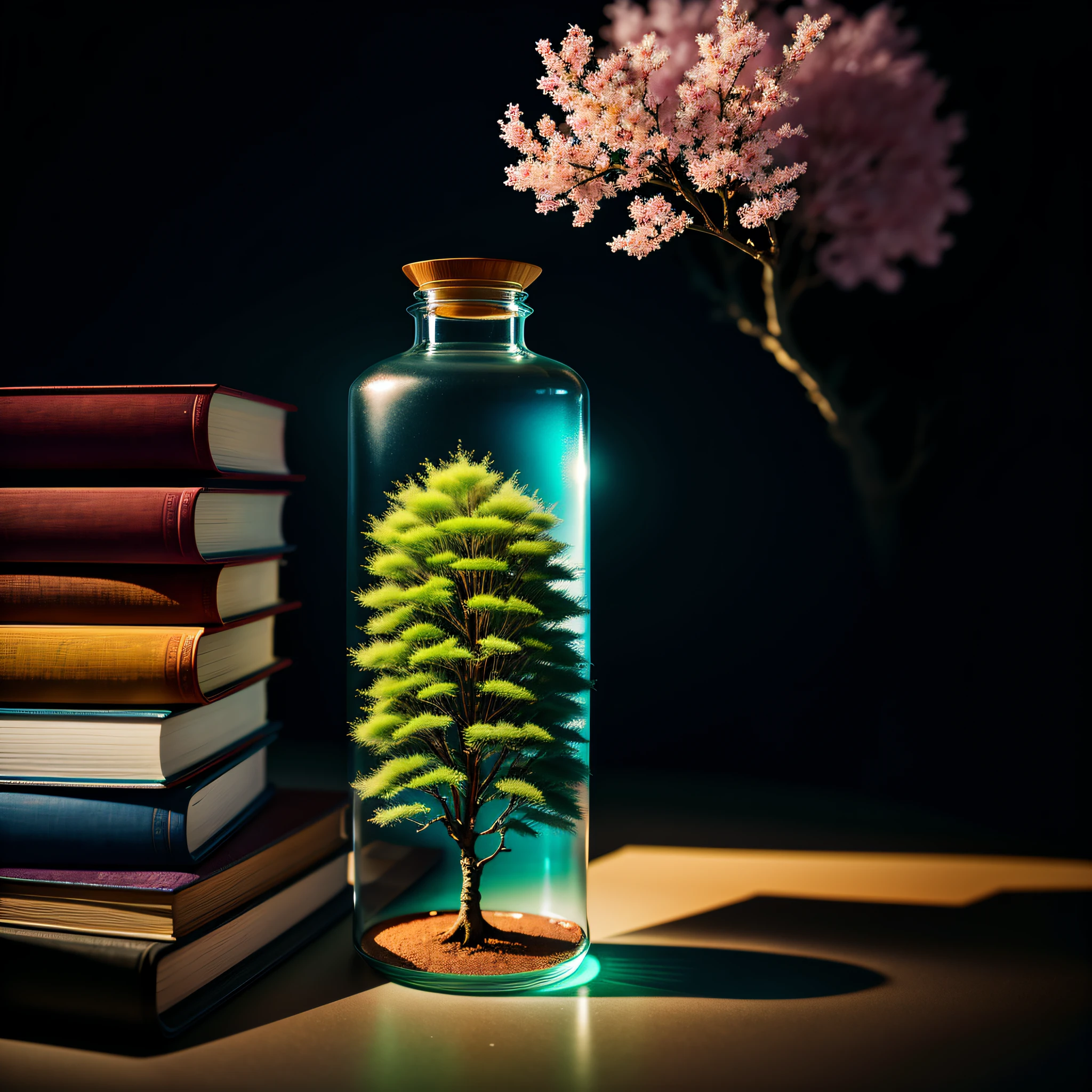 sakura books tree in a bottle, on the book, fluffy, realistic, atmospheric light refraction, by lee jeffries nikon d850 film stock photograph 4 kodak portra 400 camera f1.6 lens rich colors hyper realistic lifelike texture dramatic lighting unreal engine trending on artstation cinestill 800, Style-Glass