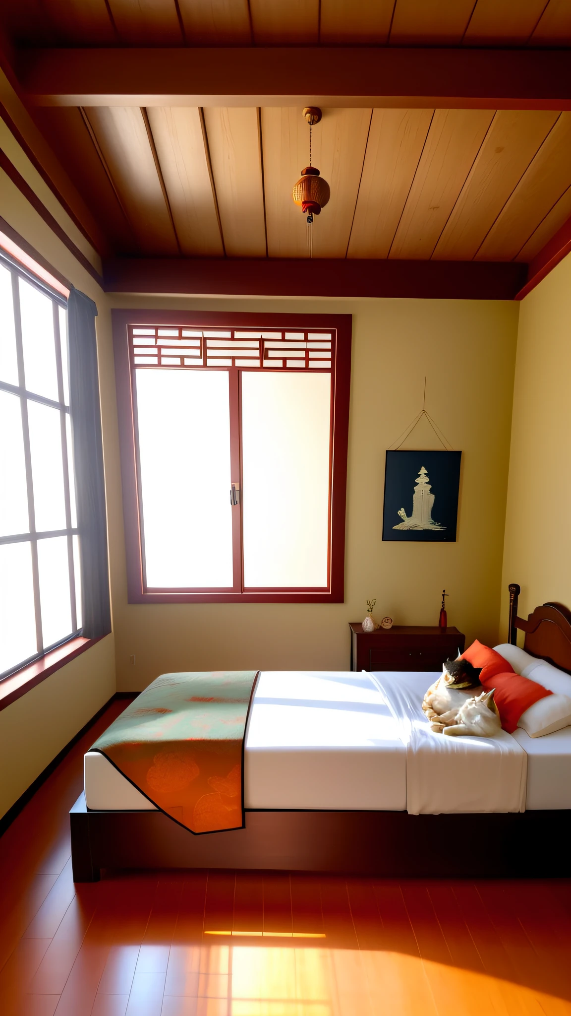Chinese-style bedroom, spacious and bright, magnificent, carved beams and paintings, white mattress, wood color decoration, long lens, window background wall solid wood color, sleeping cat, guqin standing in the corner, copper mirror placed on the wooden dresser,