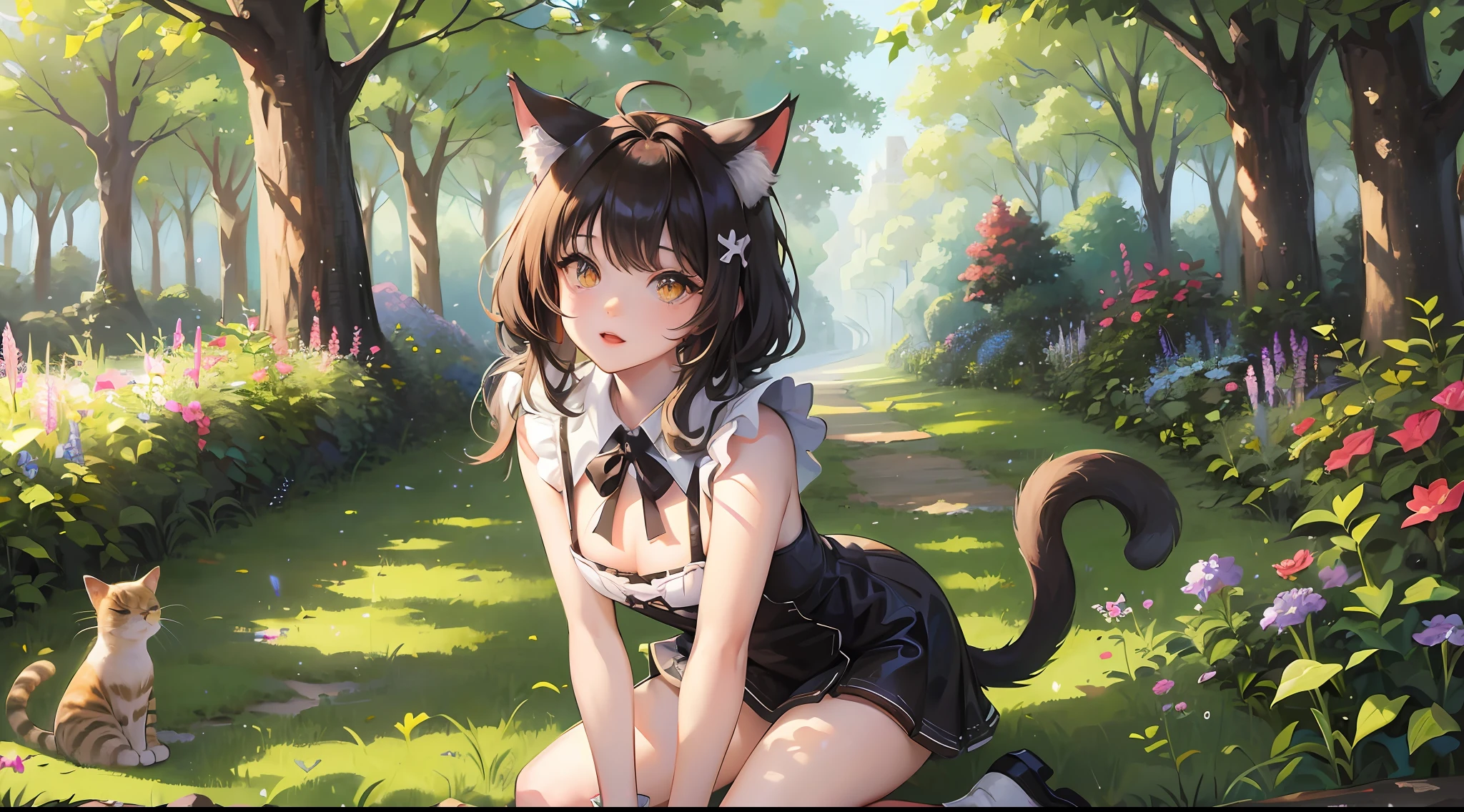 there is a cat that is sitting in the dirt, cat photo, cat female with a whit and chest, photo of a cat, cute cat photo, cat playing lute in the garden, cat in the forest, a cute cat, sora as a cat, beautiful picture of stray, mischievous!!, cute cat, sassy pose, crouching --auto --s2