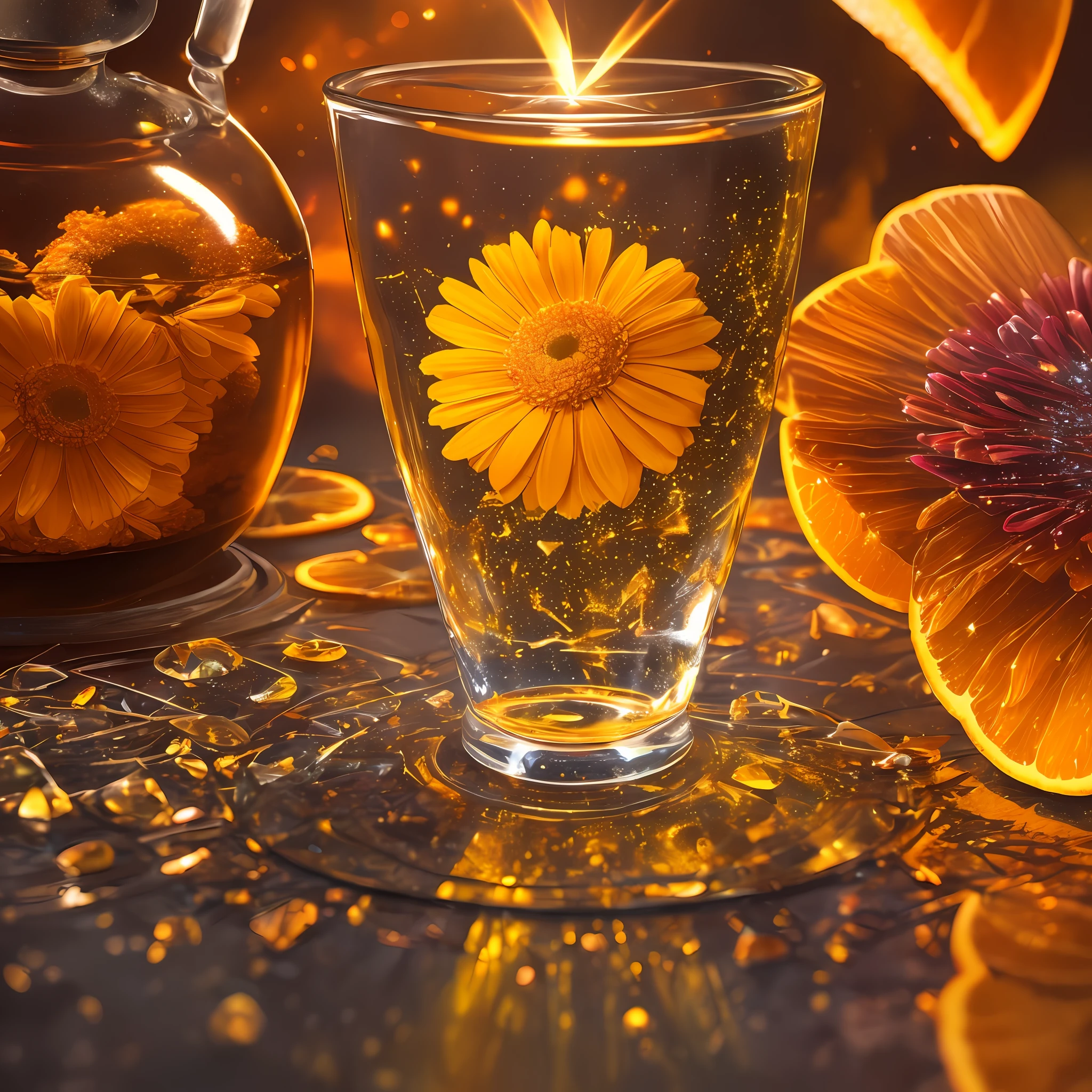 Computer, Extensive landscape ultrasound photography (general view, which shows a glass glass, glass bottle, inside, gerbera, orange, slices, cinnamon, ), bottle, gerbera (detailed description of the bottle, gerbera, orange slices, ), glass, (detailed description), inside the glass dew (ultradetail), orange gerbera, orange slices (detailed), morning sky, rays of the sun, (detail), bottle, reflection of dawn (1: 3), fireflies (1: 3), (ultradetailed description of appearance), bottle, candle (crystals: 1,2), BREAK production art, (warm light source:1.2), (Firefly:1.2),orange, yellow, fire particles, colors, complex details, volumetric lighting, realistic fantasy BREAK (masterpiece:1.2), reflection, (best quality), 4k, ultra-detailed, (dynamic composition: 1.4), highly detailed, colorful details, (warm colors: 1.2), (luminous lighting, atmospheric lighting), warm, light, magical, --auto --s2
